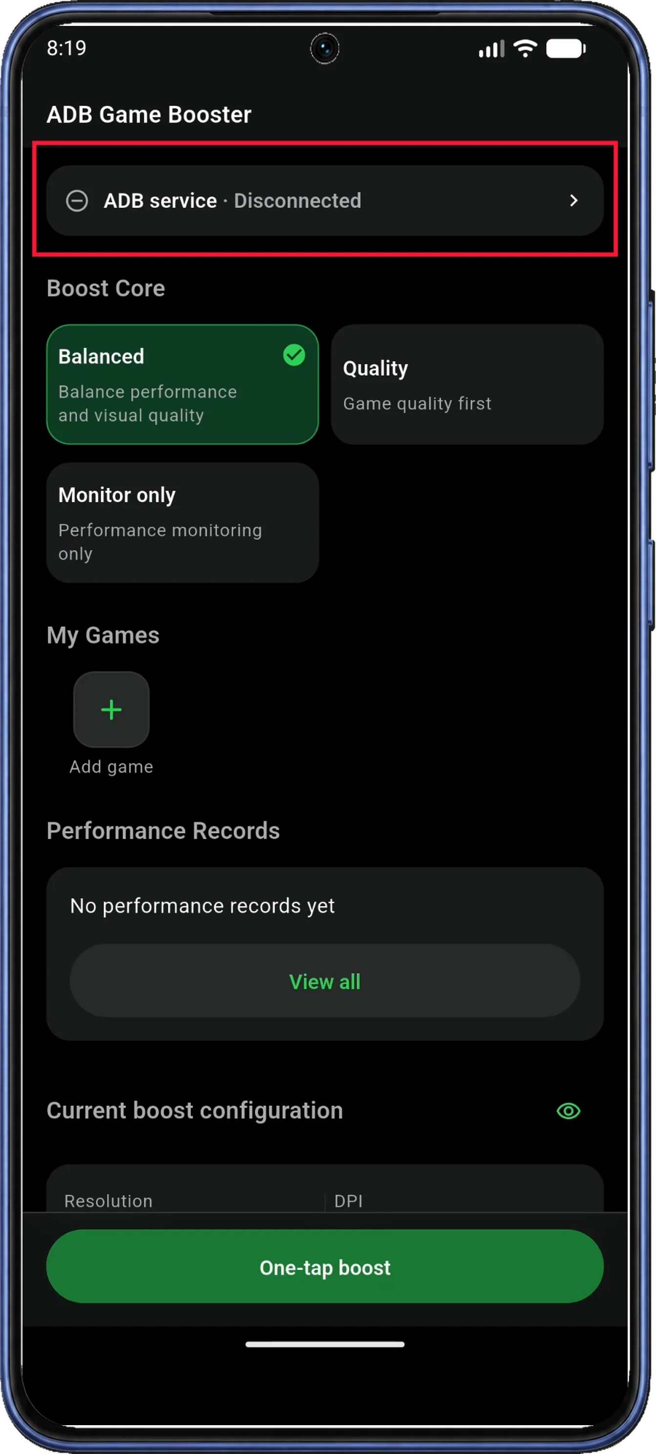 ADB Game Booster Home highlights the ADB service card above the Boost Core choices.