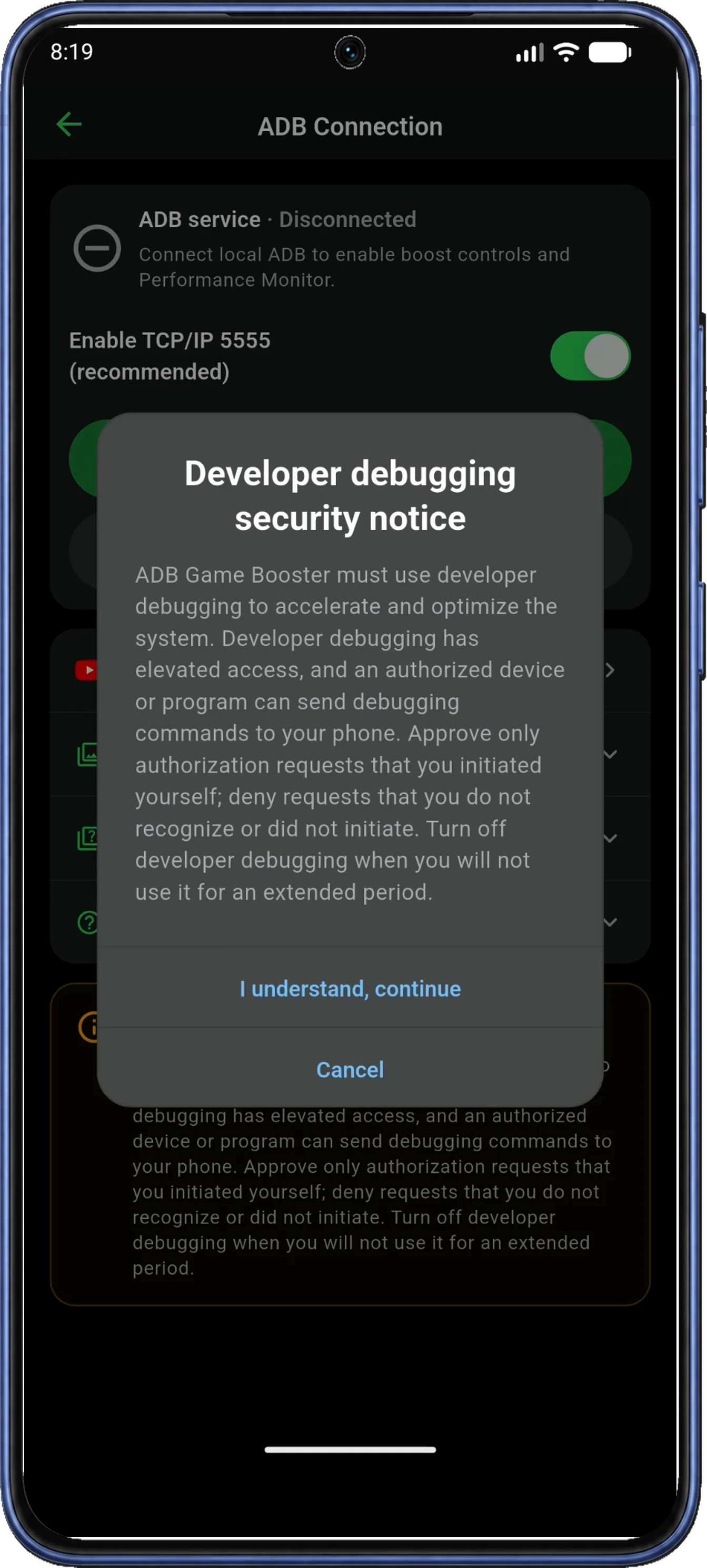 Developer debugging security notice shows I understand, continue and Cancel.