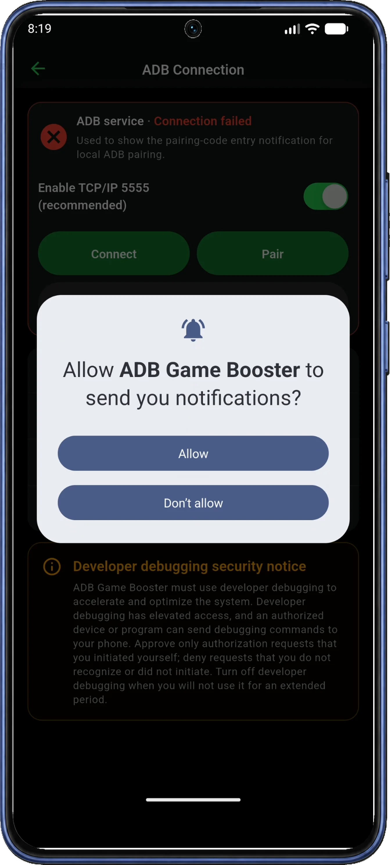 Android asks whether ADB Game Booster may send notifications, with an Allow button.
