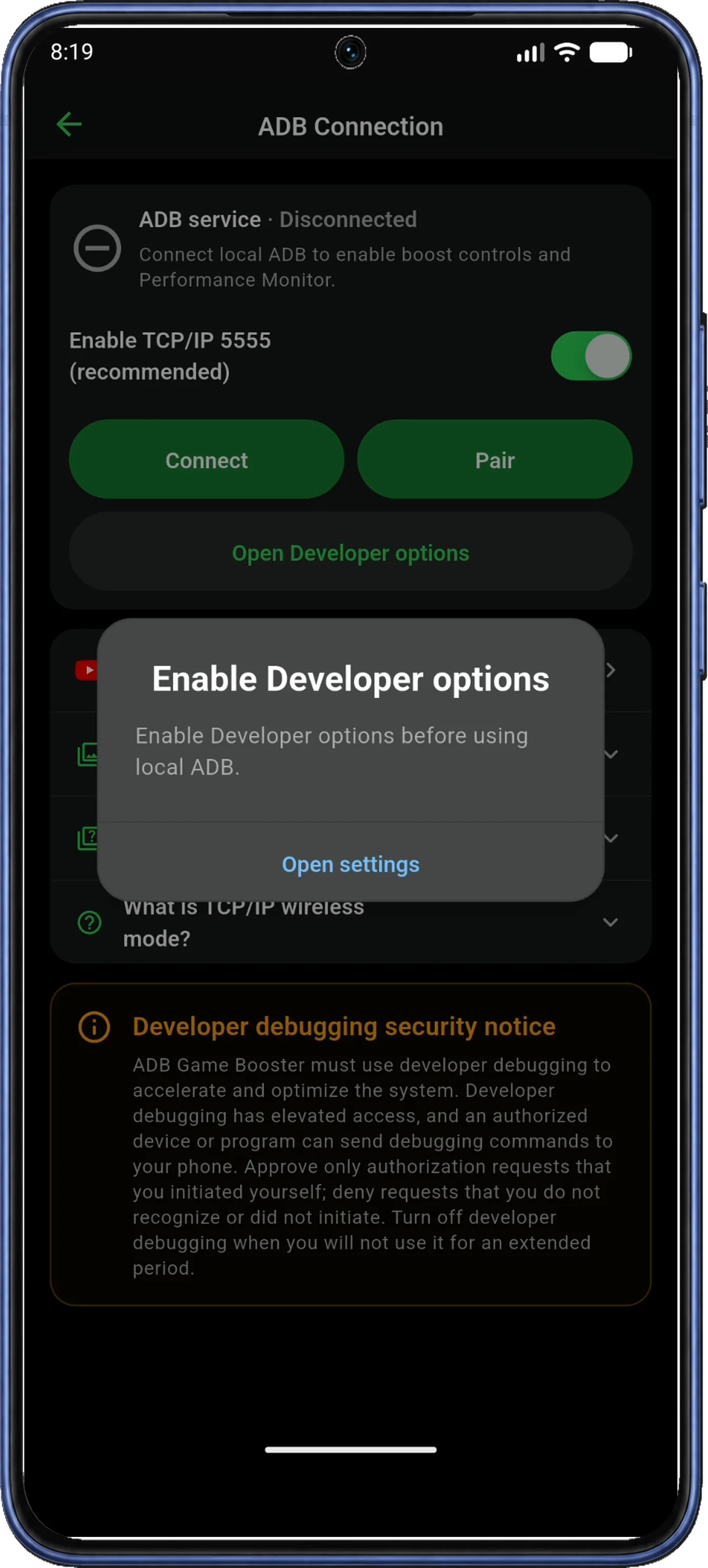 Enable Developer options prompt shows its Open settings button.