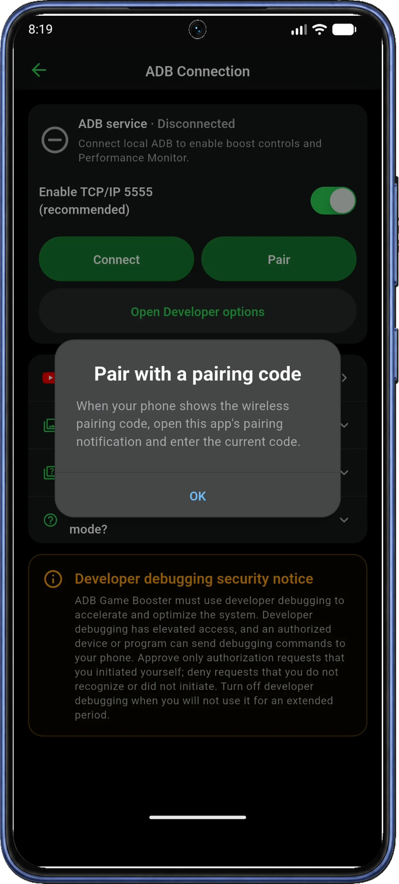 ADB Connection shows Pair with a pairing code instructions and an OK button.