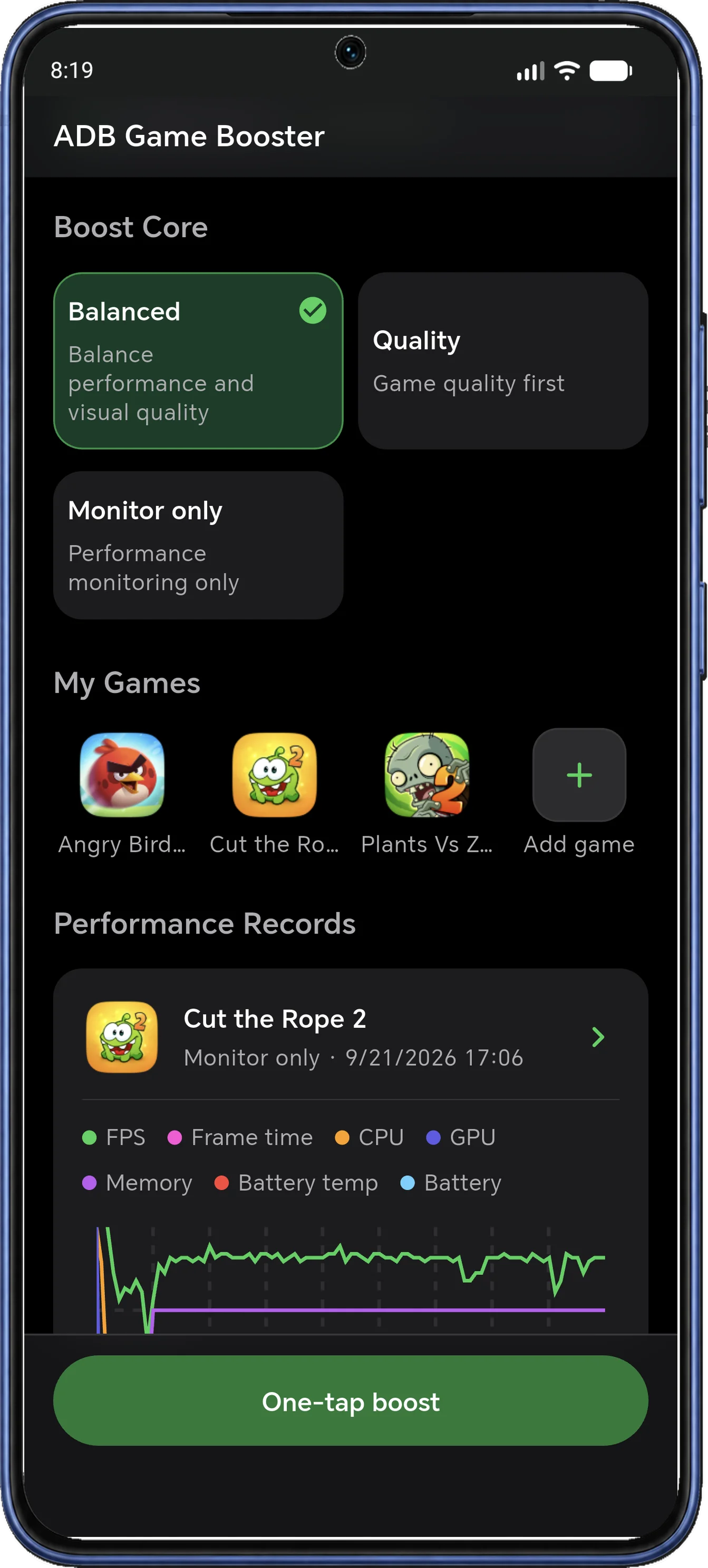 ADB Game Booster home screen with Balanced, Quality and Monitor only profiles, games and performance records