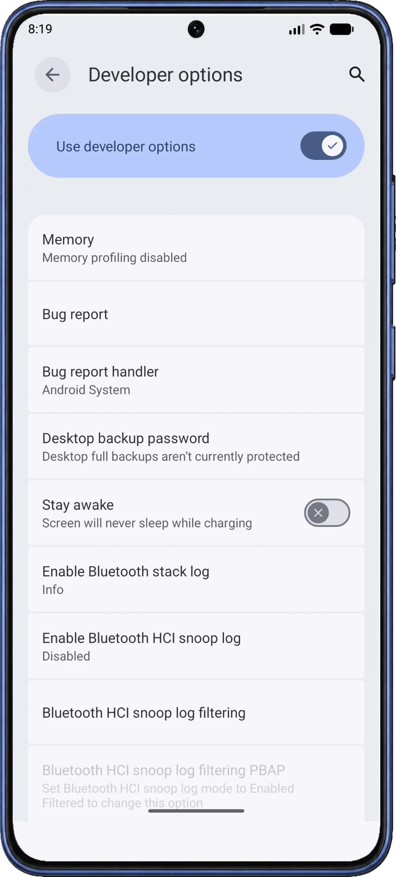 Android Developer options shows Use developer options switched on at the top.