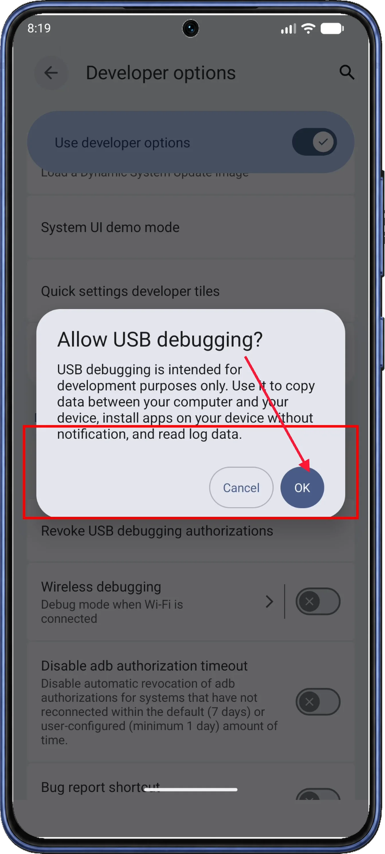 The Allow USB debugging confirmation is open, with OK highlighted.
