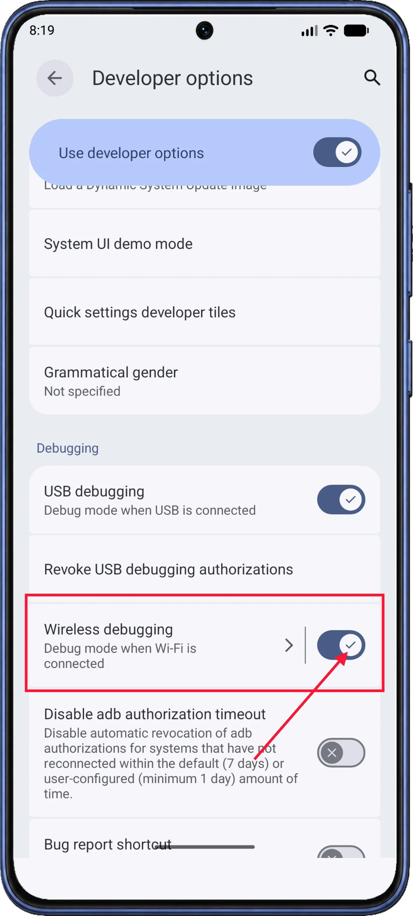 Developer options shows USB debugging enabled and highlights the enabled Wireless debugging switch.