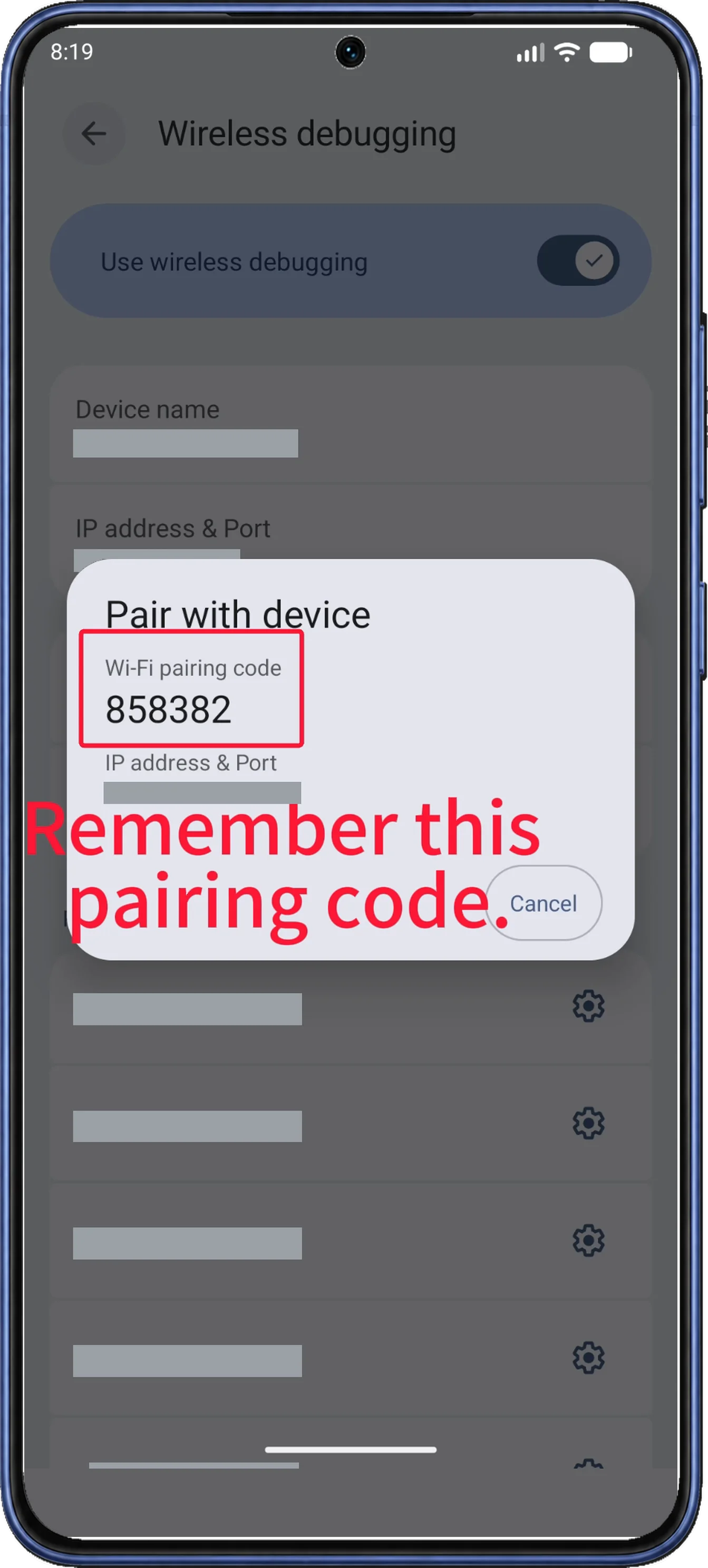 Android’s Pair with device dialog shows a six-digit Wi-Fi pairing code.