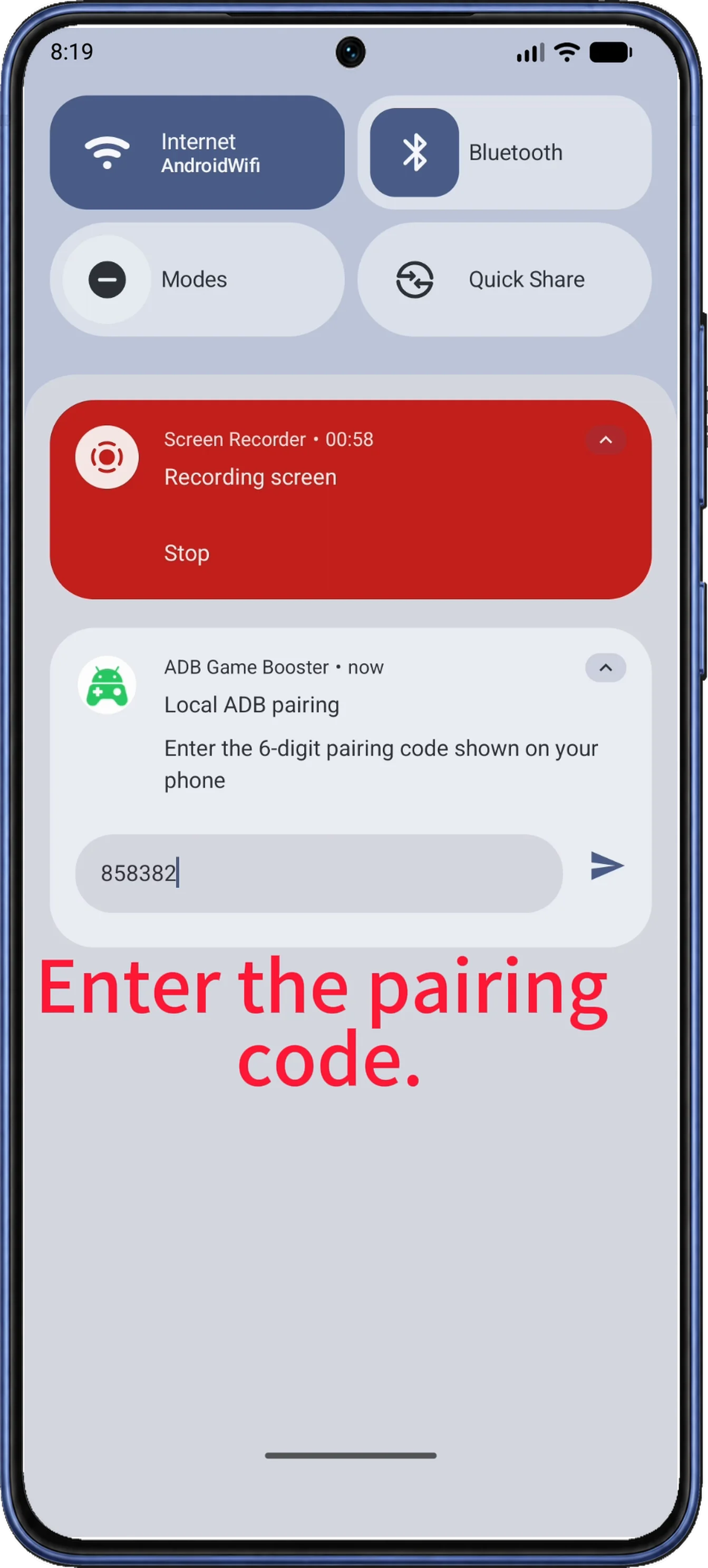 Local ADB pairing shows the complete six-digit example code entered and an active send arrow on the right, before submission.
