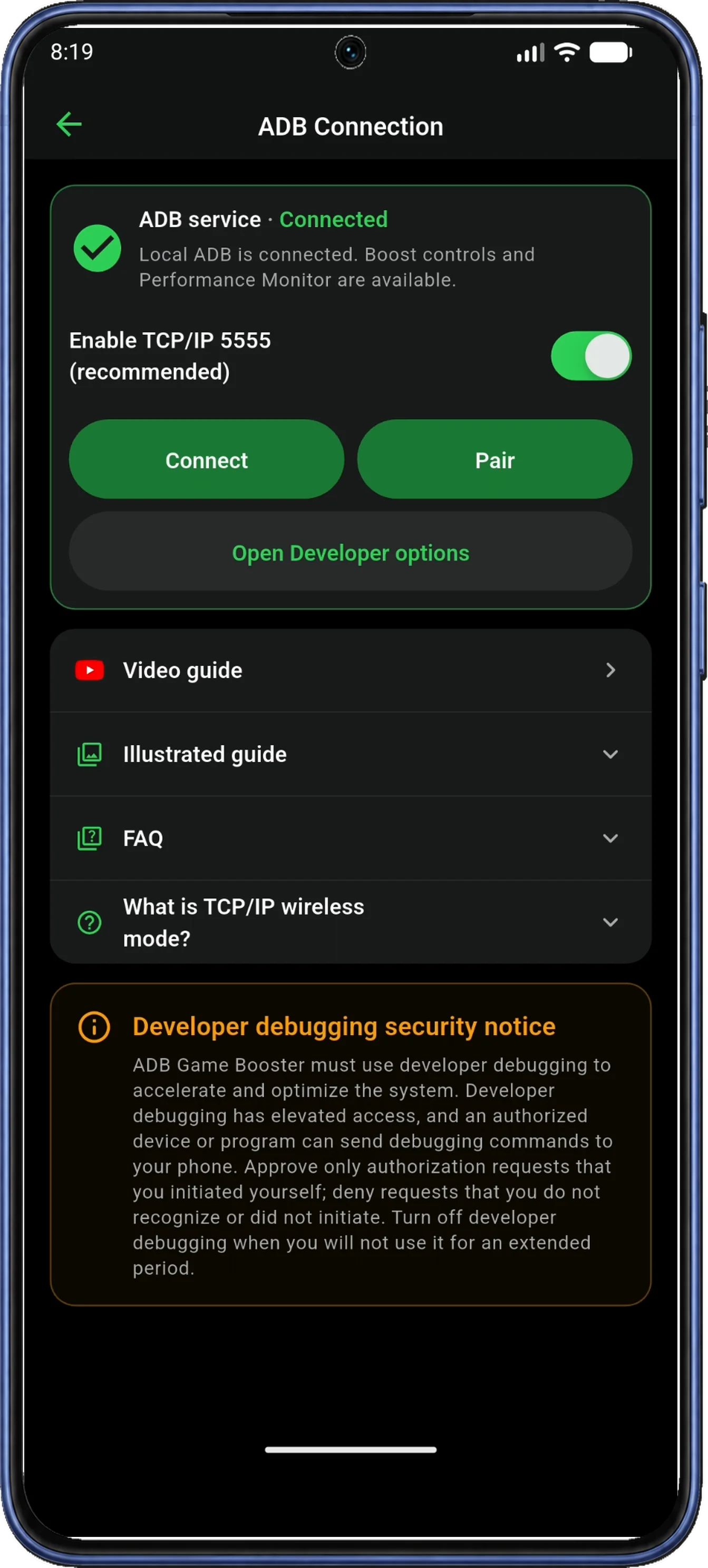 ADB Connection shows a green check and ADB service Connected.