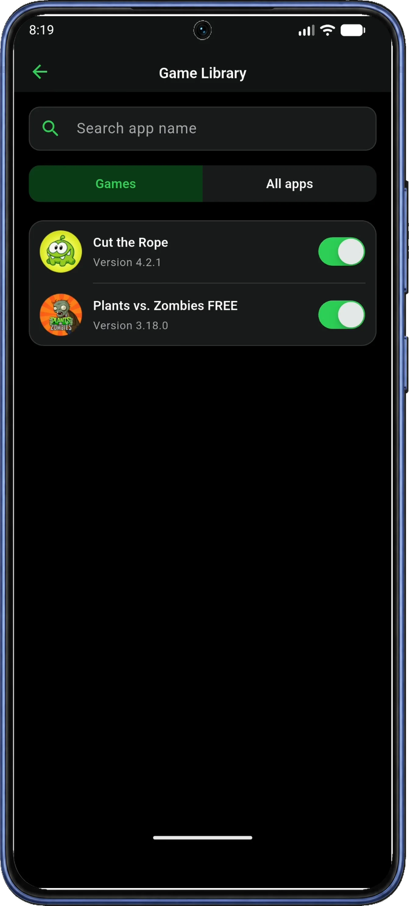 Game Library shows Games and All apps filters and two installed games selected with green switches.