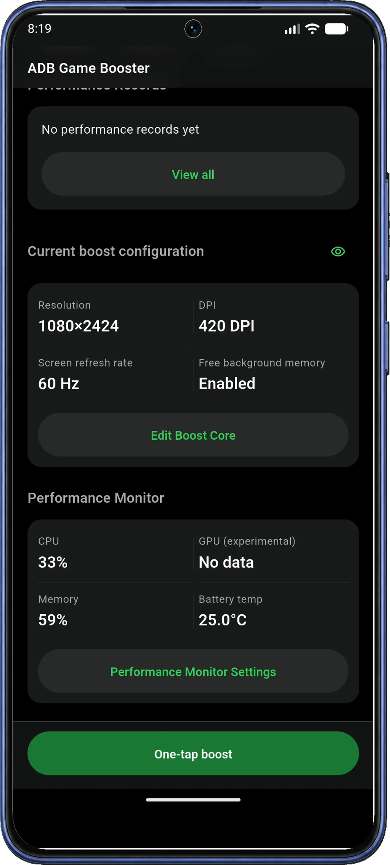 Home shows Edit Boost Core under Current boost configuration and Performance Monitor Settings in the section below.
