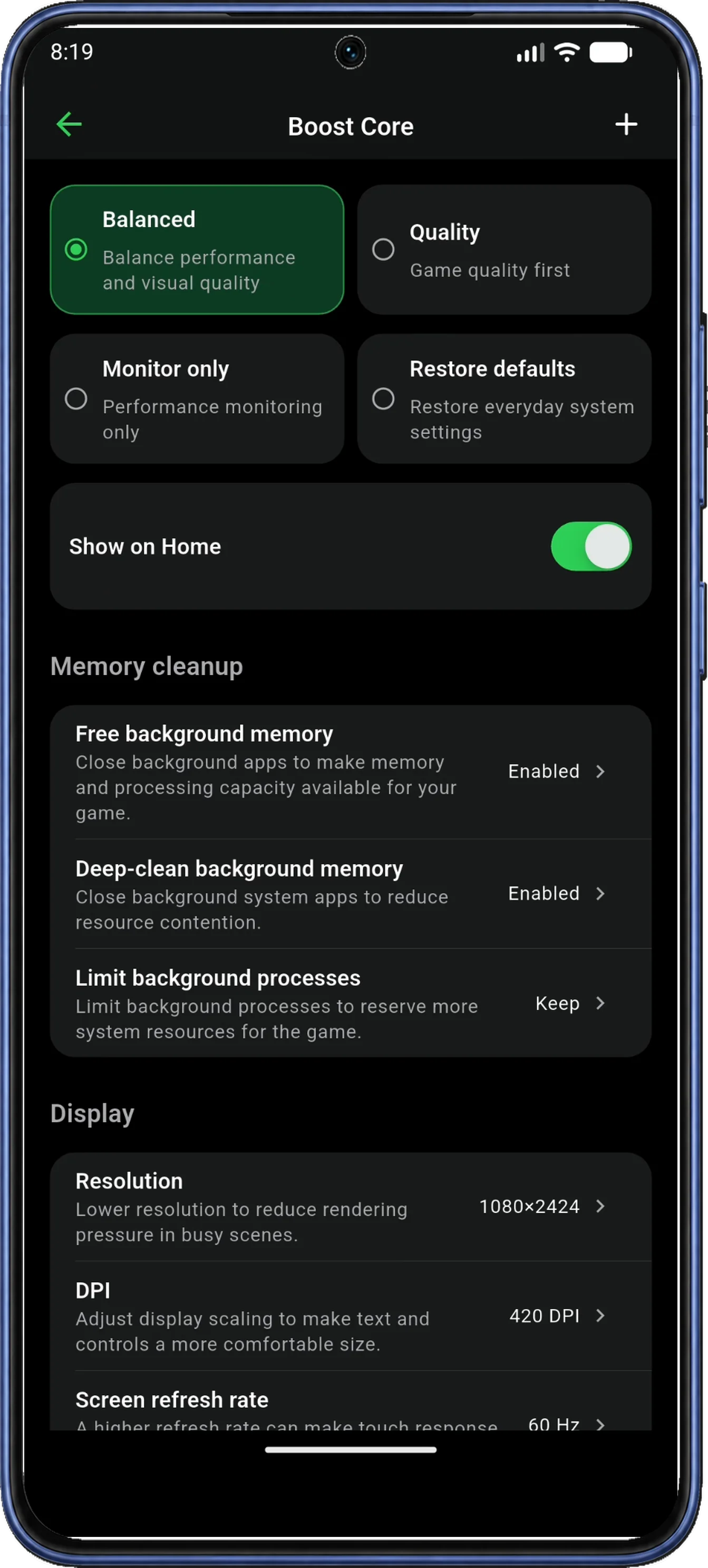 The Boost Core page shows Balanced selected beside Quality, Monitor only, and Restore defaults.