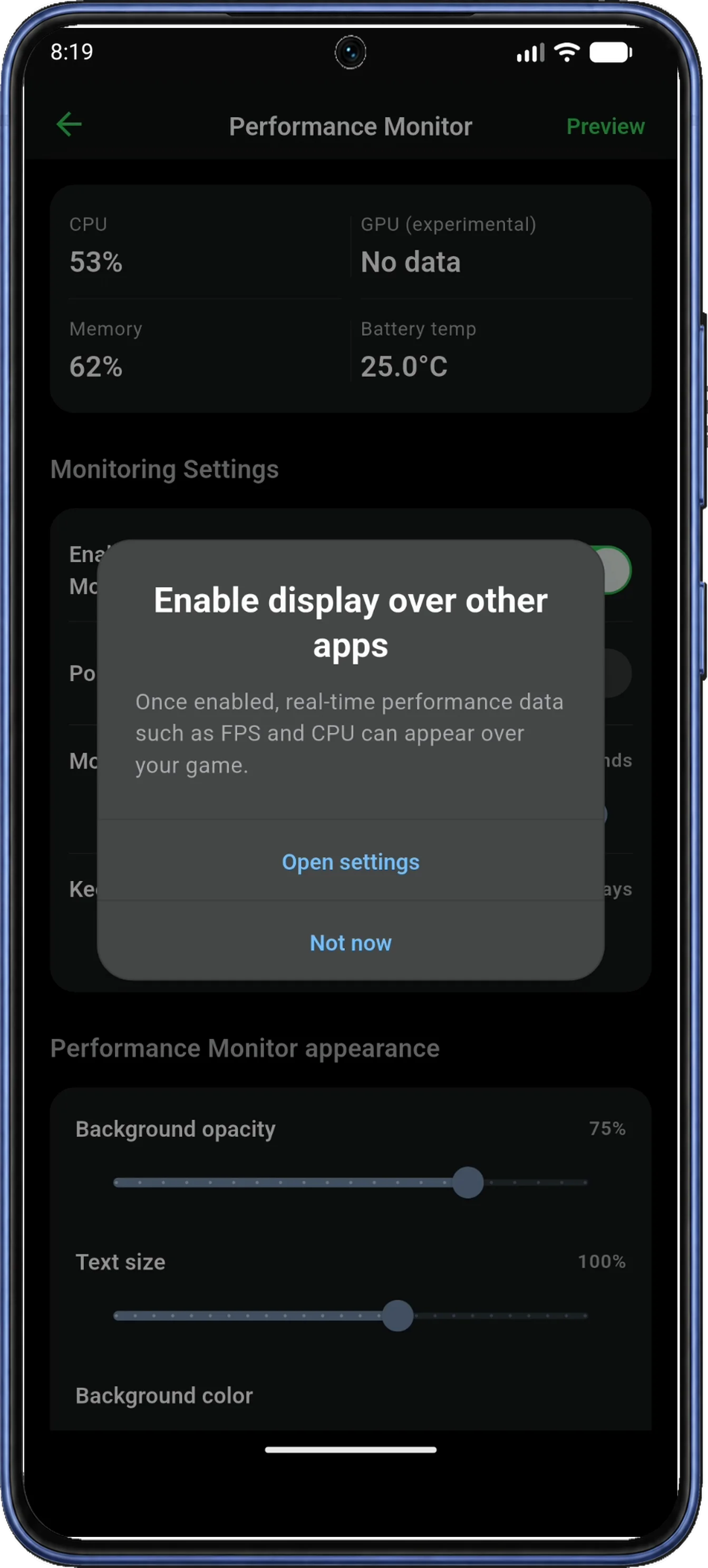 Enable display over other apps explains the overlay permission and offers Open settings.