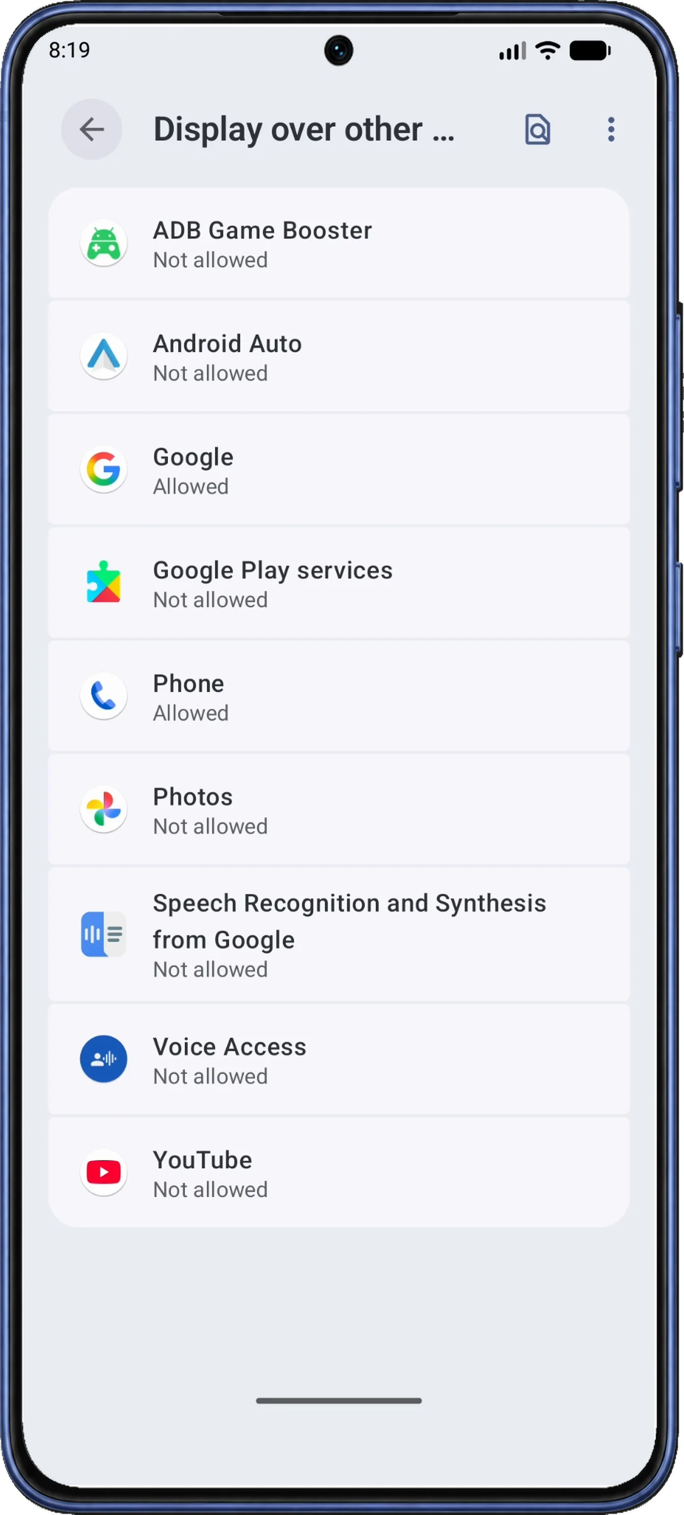 Android Display over other apps lists ADB Game Booster as Not allowed.