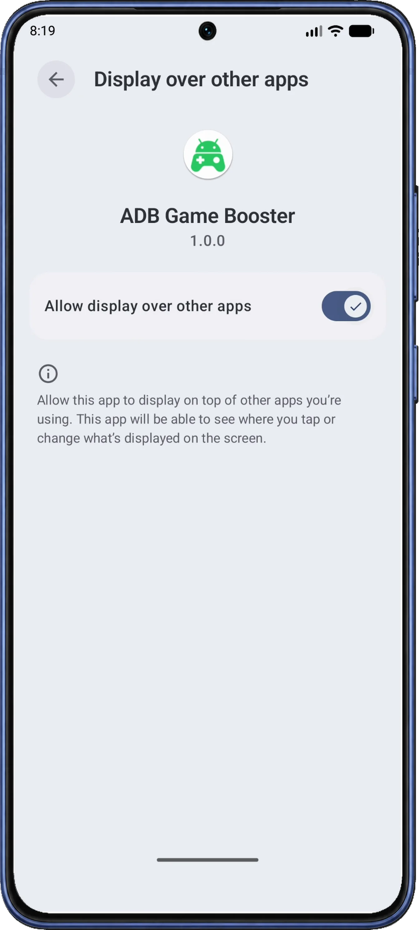 Android's ADB Game Booster permission page shows Allow display over other apps enabled.