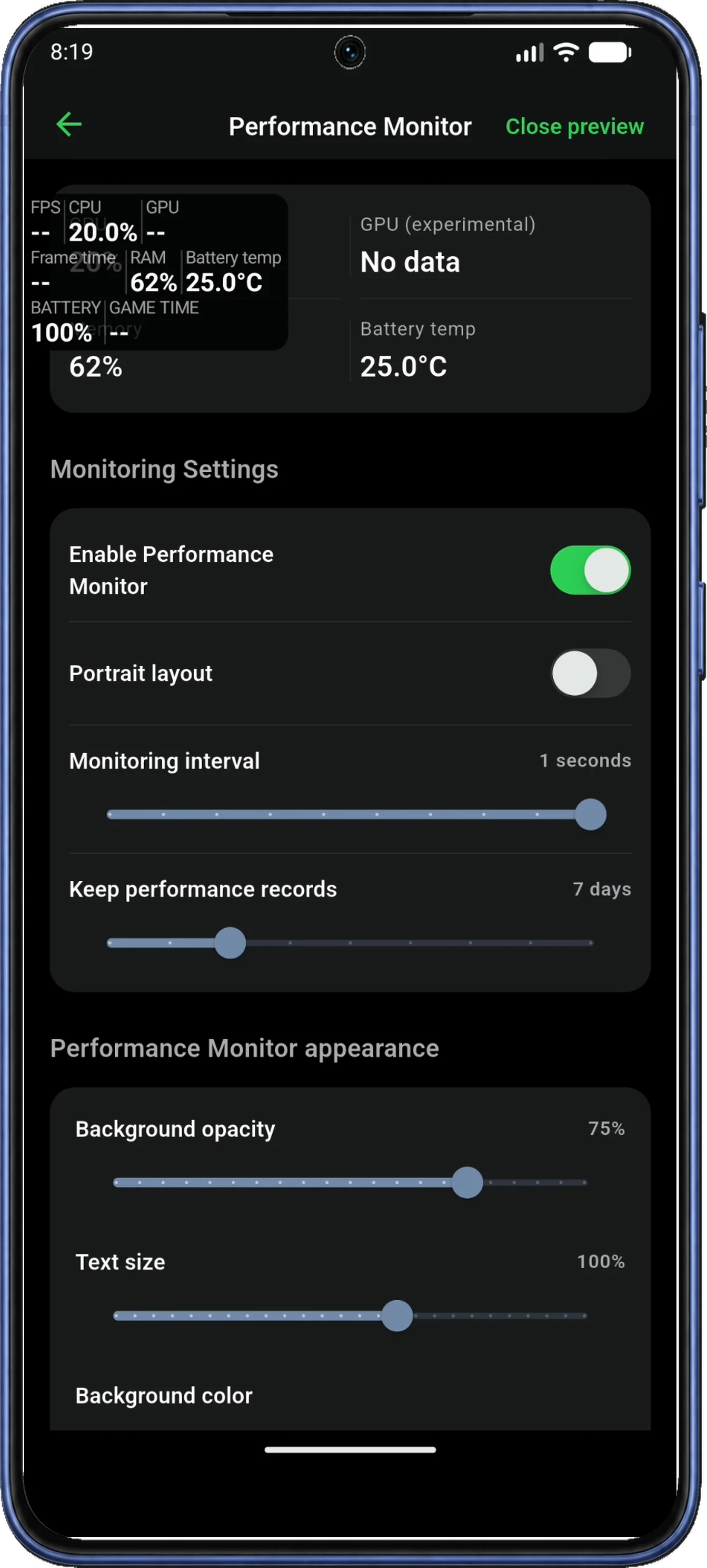 A live Performance Monitor preview appears over the monitoring settings page, with Close preview at the top right.
