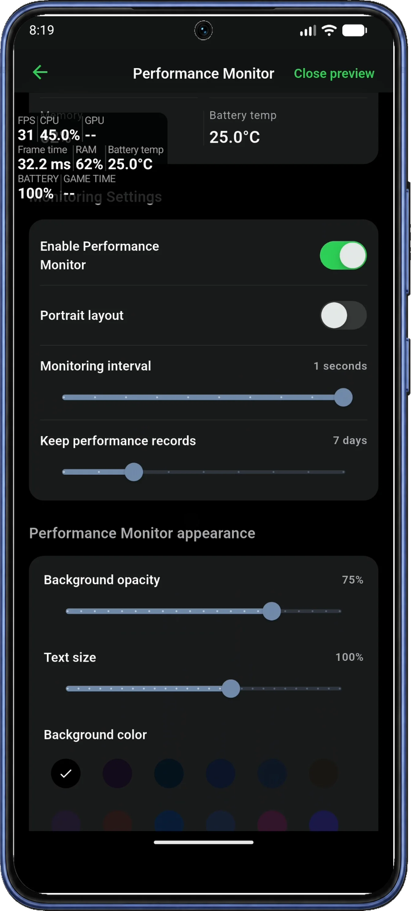 Performance Monitor shows monitoring enabled, interval and retention controls, appearance settings, and the visible floating preview.