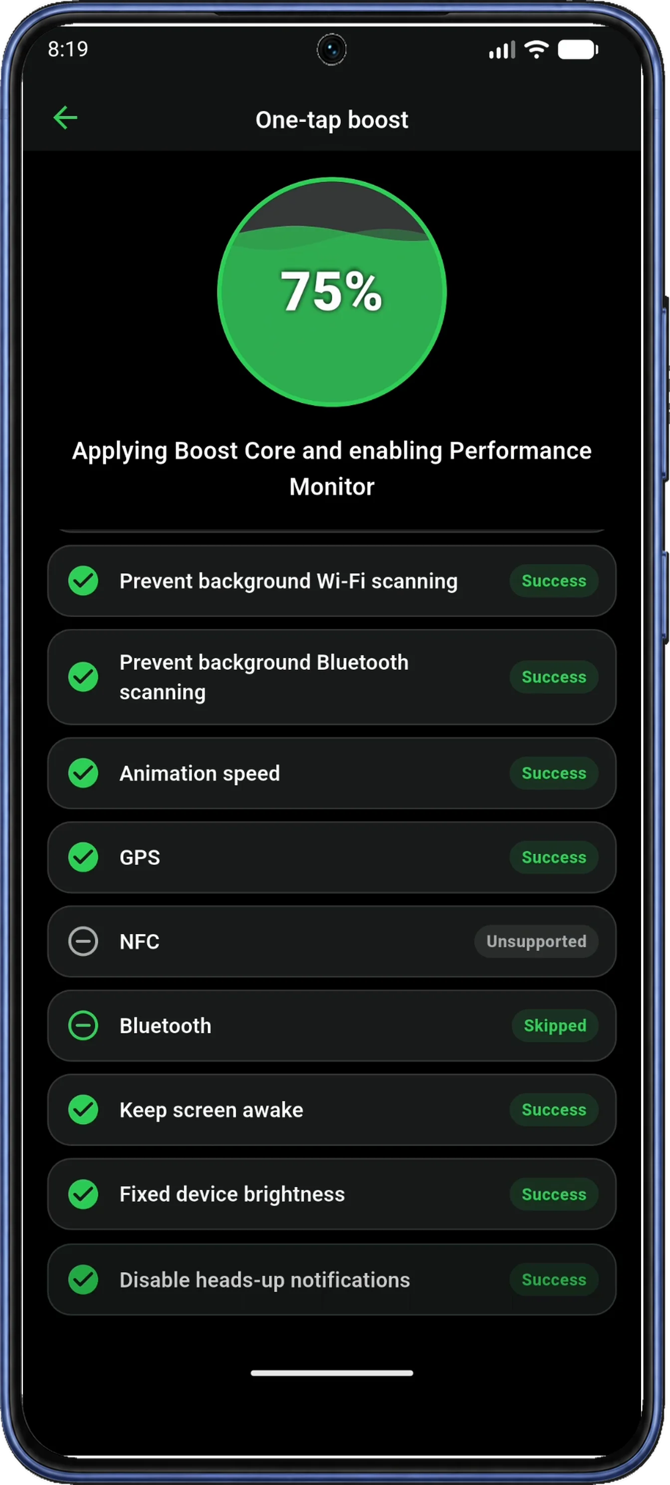 One-tap boost is processing at 75 percent, with multiple operation names and statuses visible.