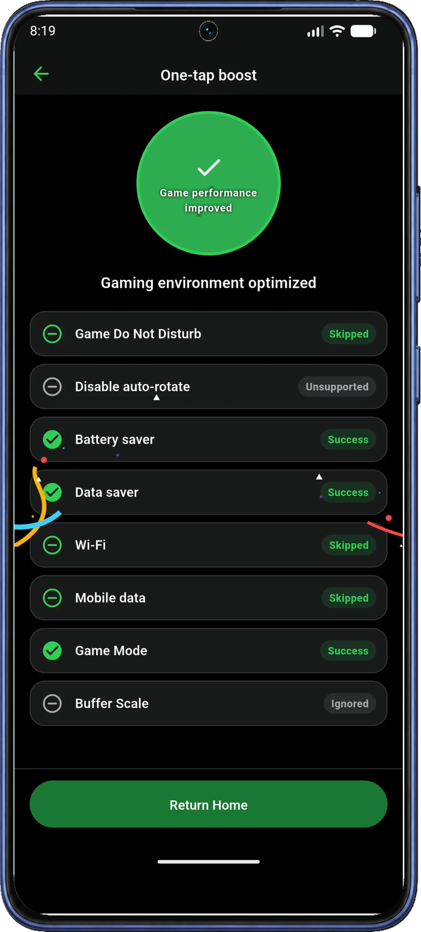 The completed One-tap boost screen lists settings with their result labels and a Return Home button.