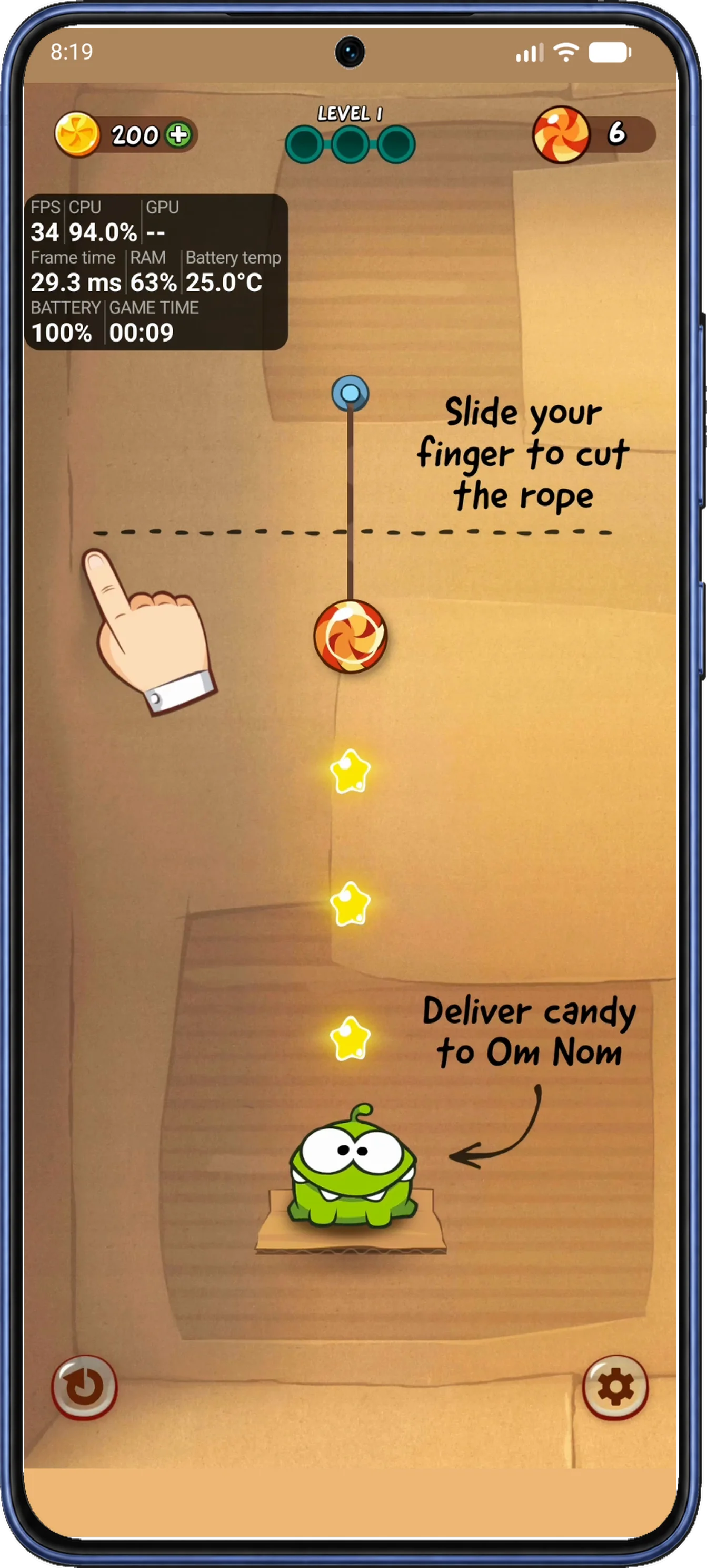 Cut the Rope runs with an overlay containing FPS, frame time, CPU, GPU, RAM, battery temperature, battery level, and game time fields.