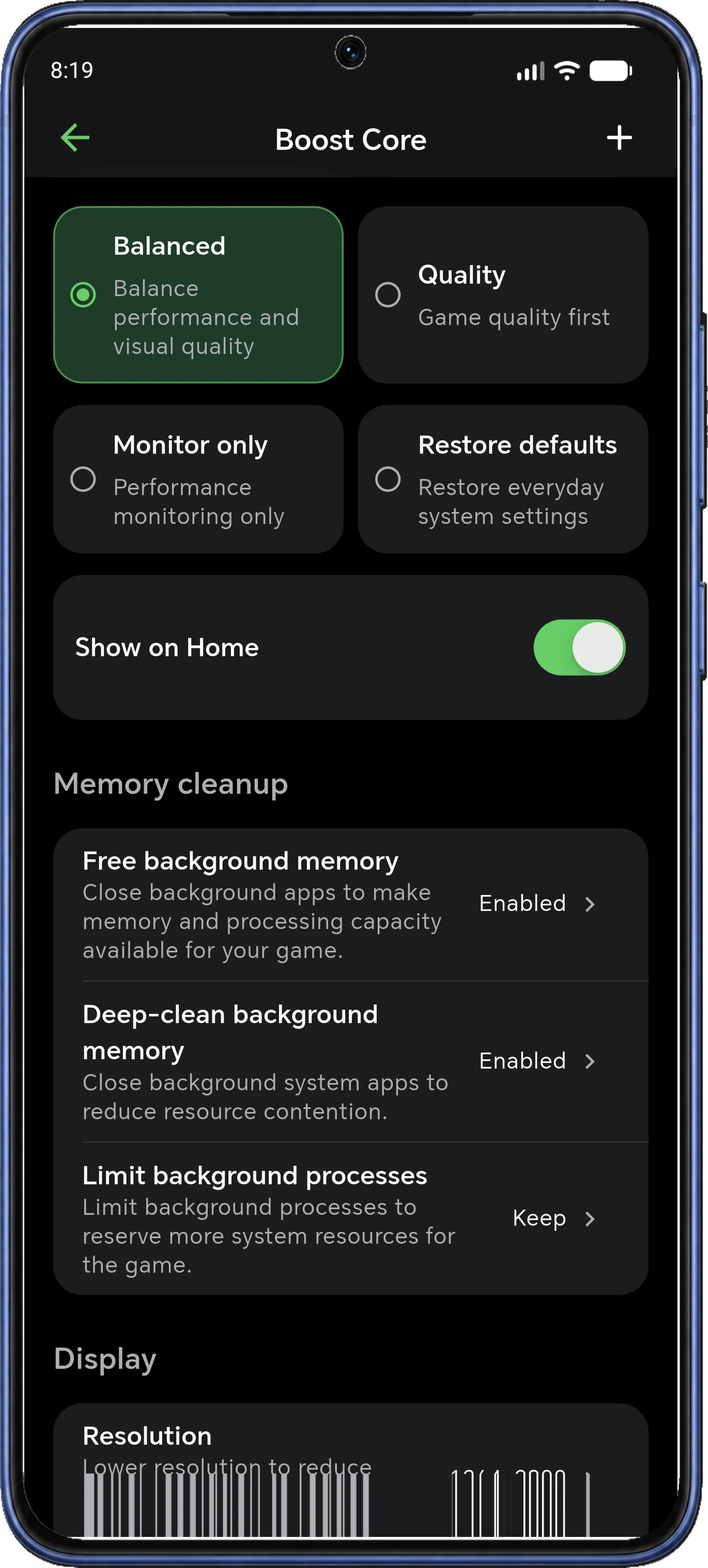 Boost Core profile settings with Balanced, Quality, Monitor only, Restore defaults and background memory controls