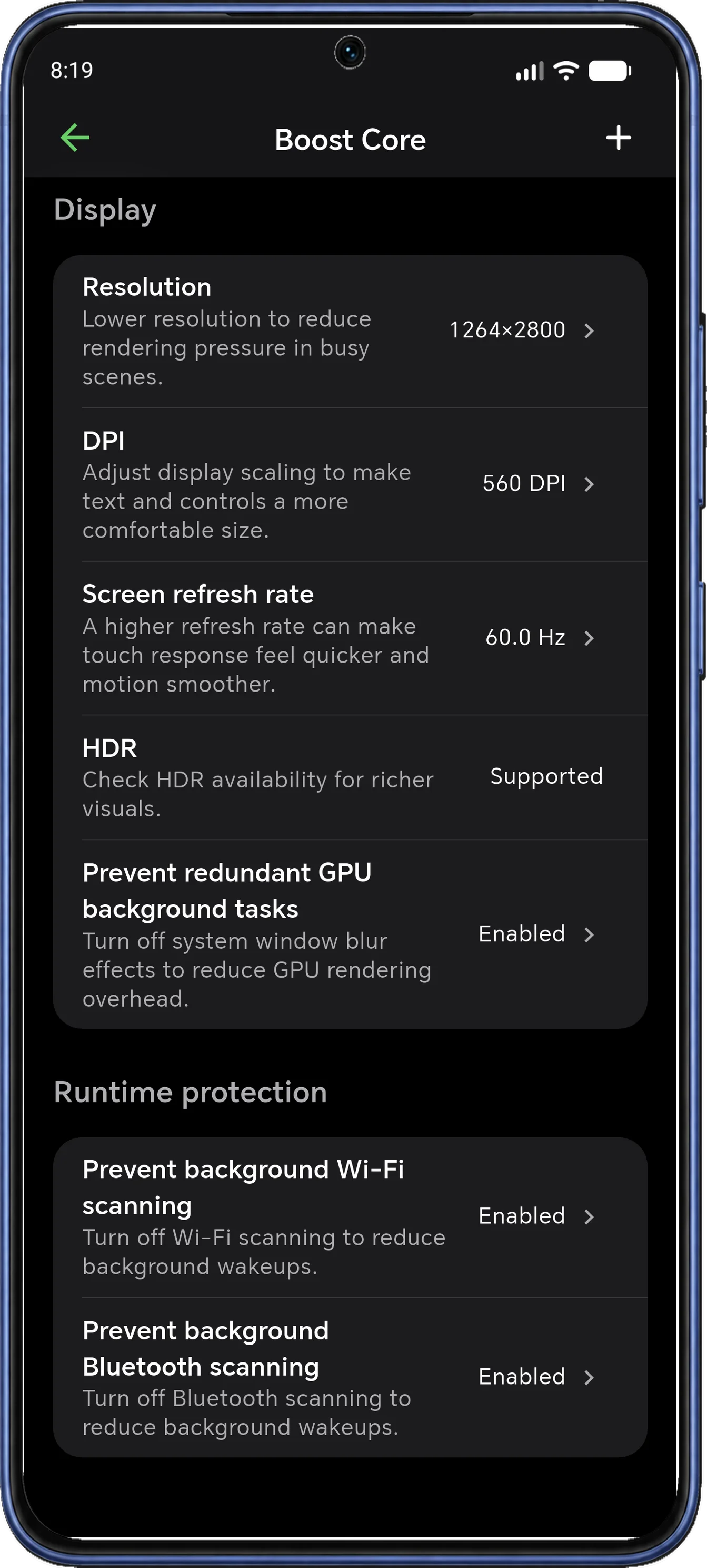 Boost Core display and runtime settings including resolution, DPI and screen refresh rate