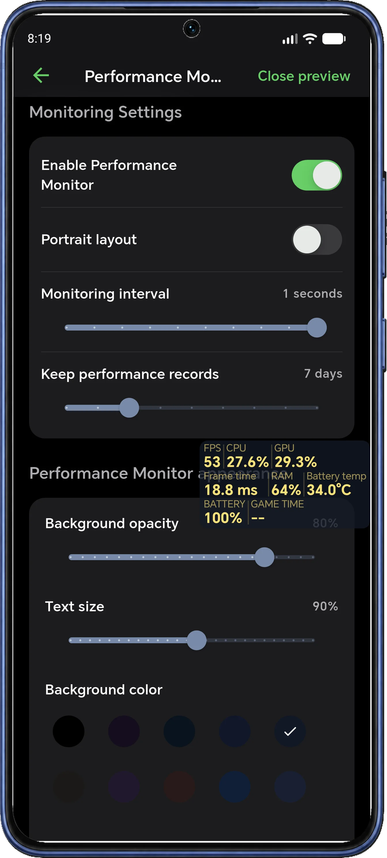 Performance monitoring settings and a floating overlay showing FPS, CPU, GPU, frame time, RAM, battery temperature and game time