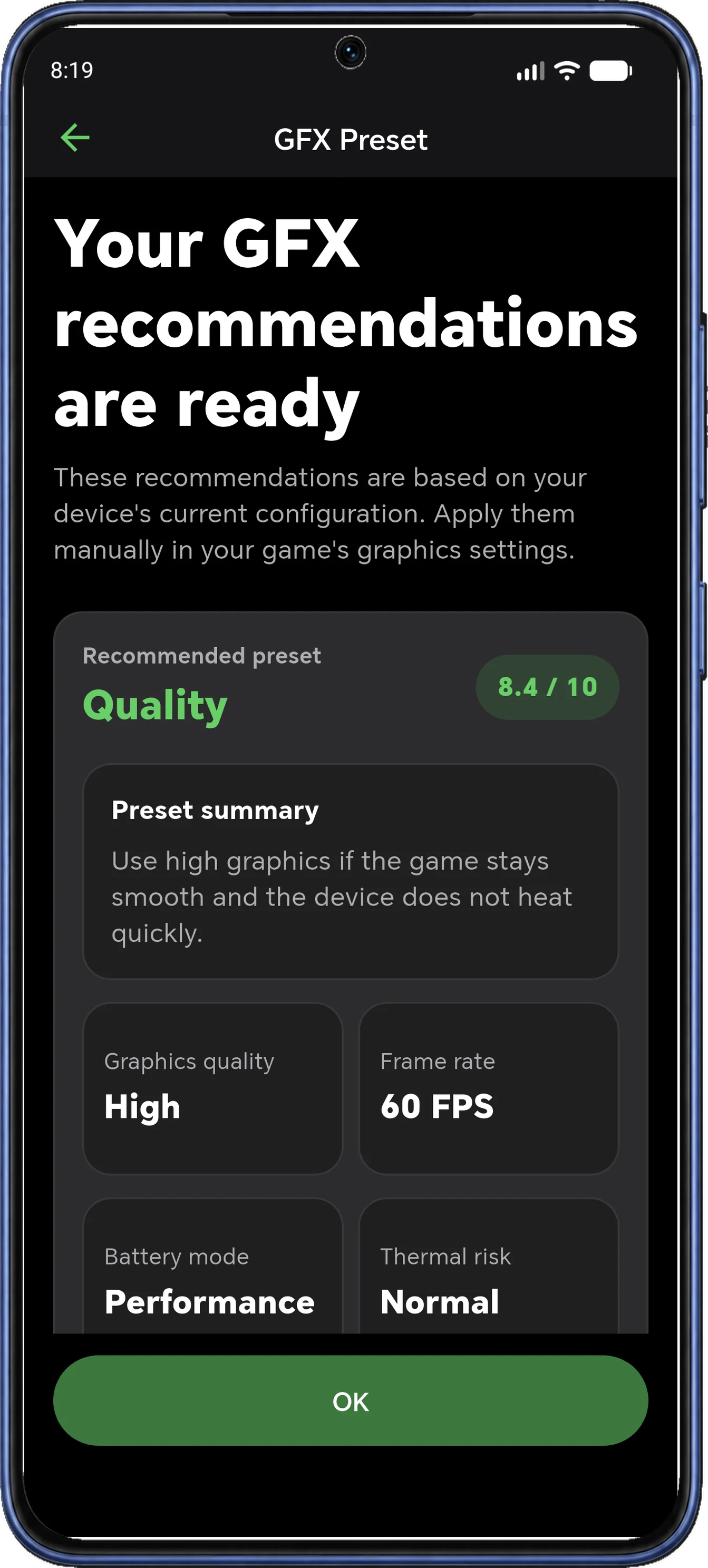 GFX Preset recommendations based on device configuration, with suggested graphics quality and frame rate