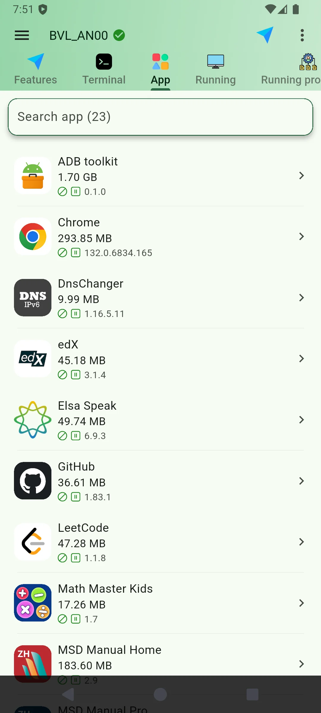 DroidKit installed app list with search and app actions