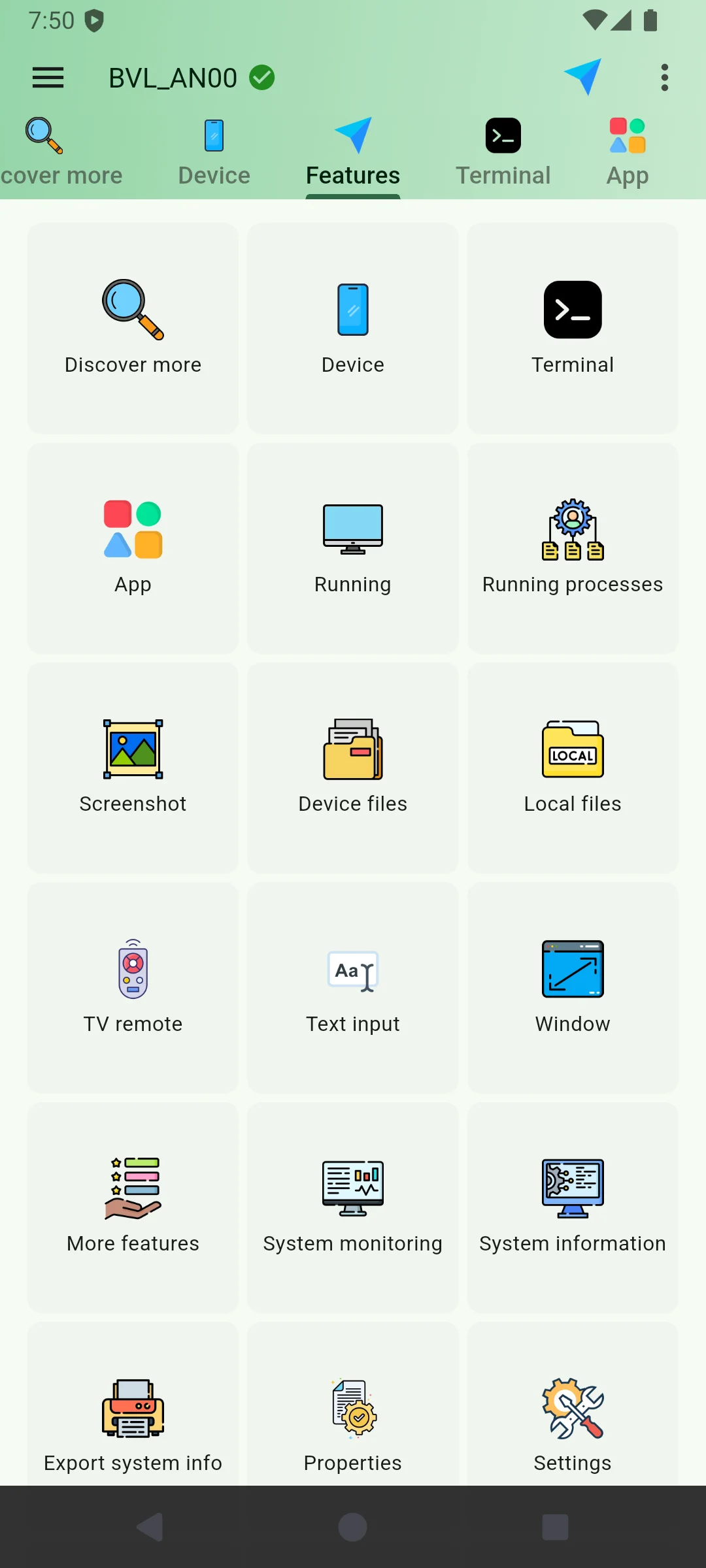 DroidKit Features screen with terminal, apps, files and device controls
