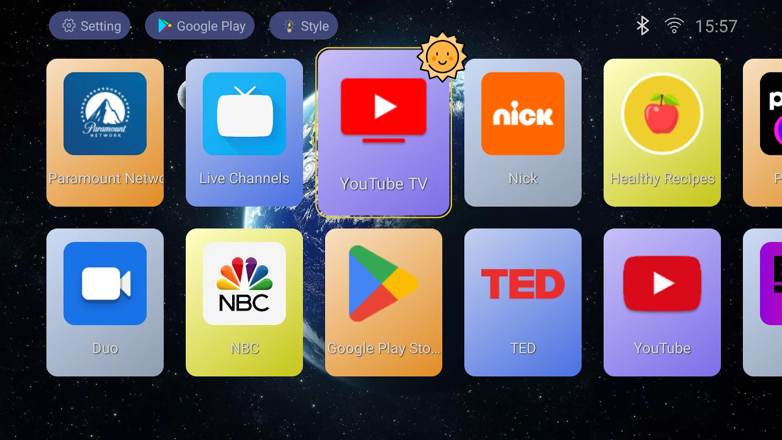 TV Launcher colorful app tiles on an Android TV home screen