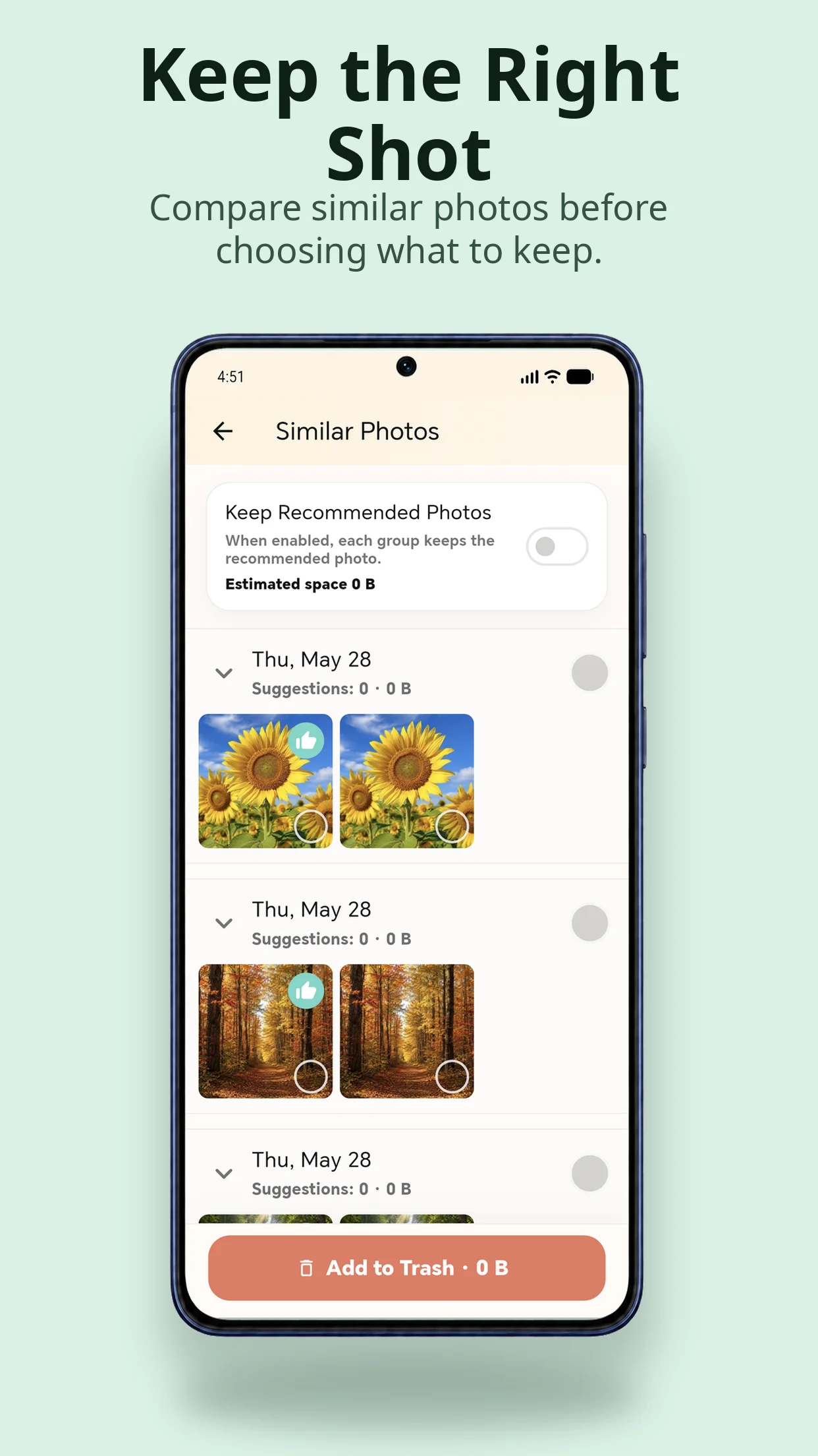 AI Photo Cleaner similar-photo review with keep recommendations
