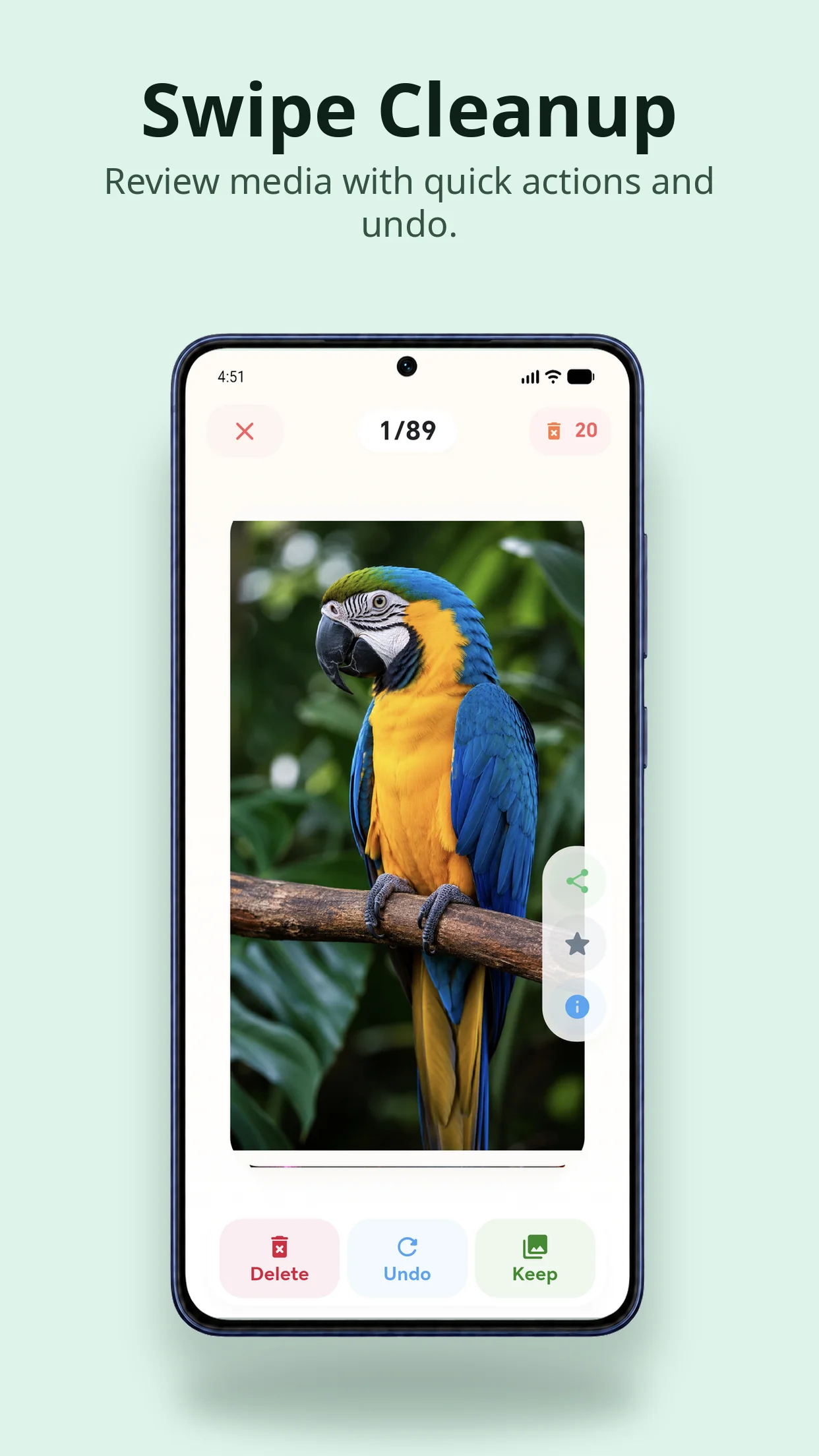 AI Photo Cleaner swipe view with a parrot photo and Delete, Undo and Keep controls