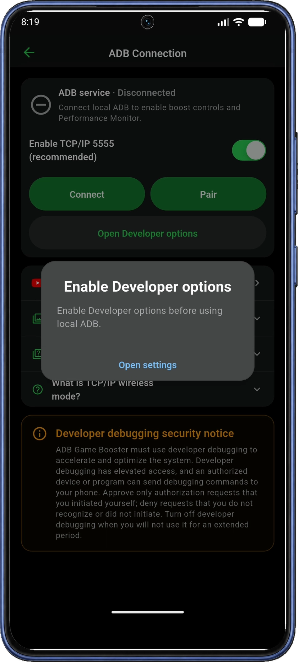 Open settings 버튼이 있는 Enable Developer options 안내