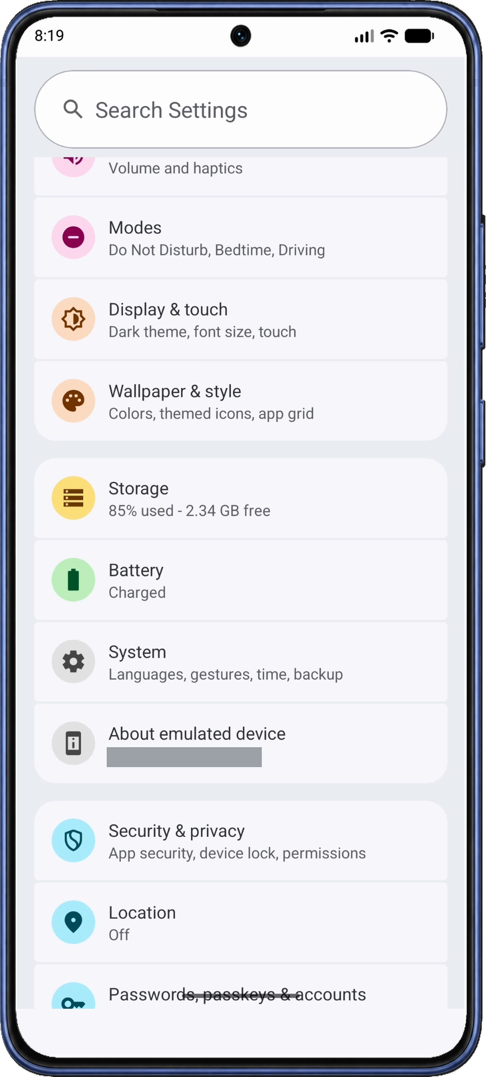 System 아래 About emulated device가 표시된 Android 설정