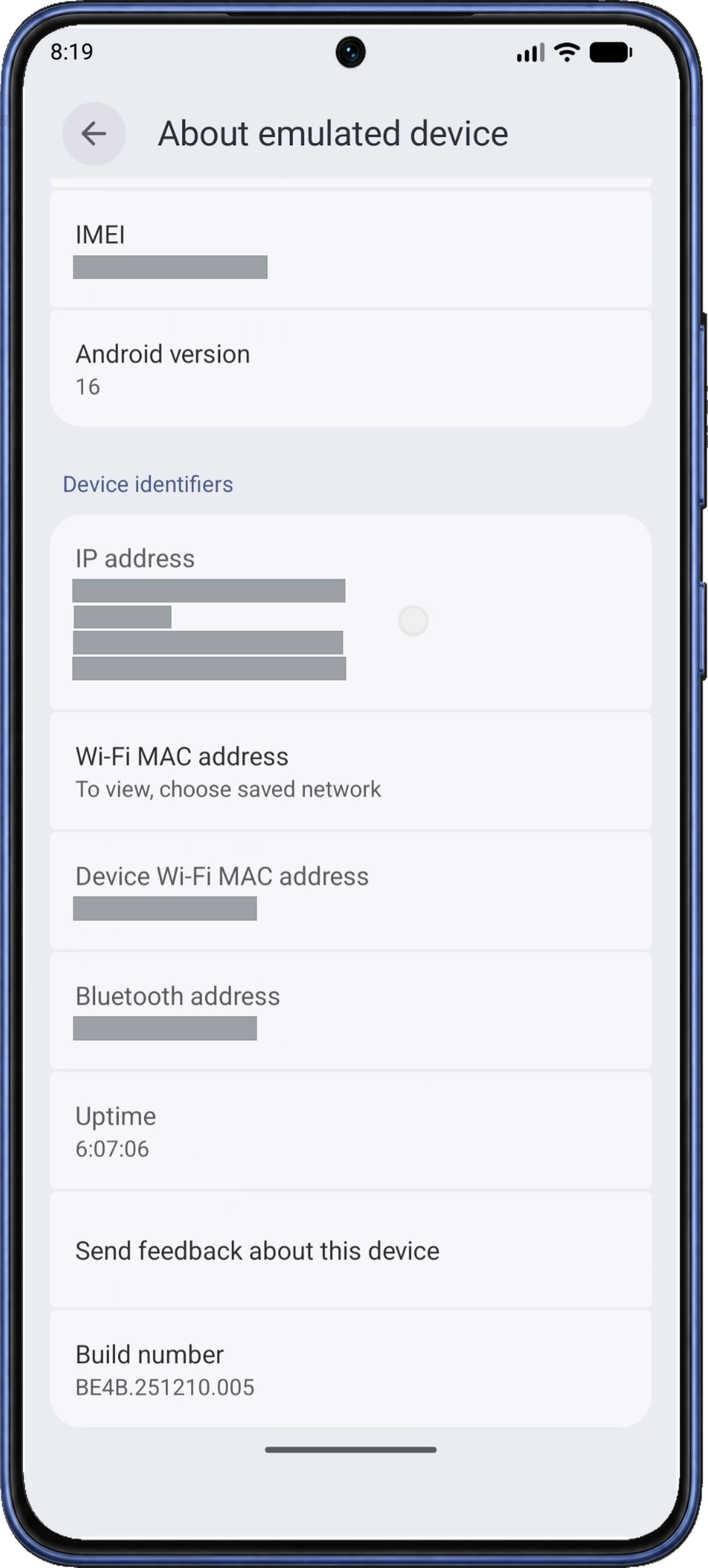 Send feedback about this device 아래 Build number가 있는 기기 정보 화면