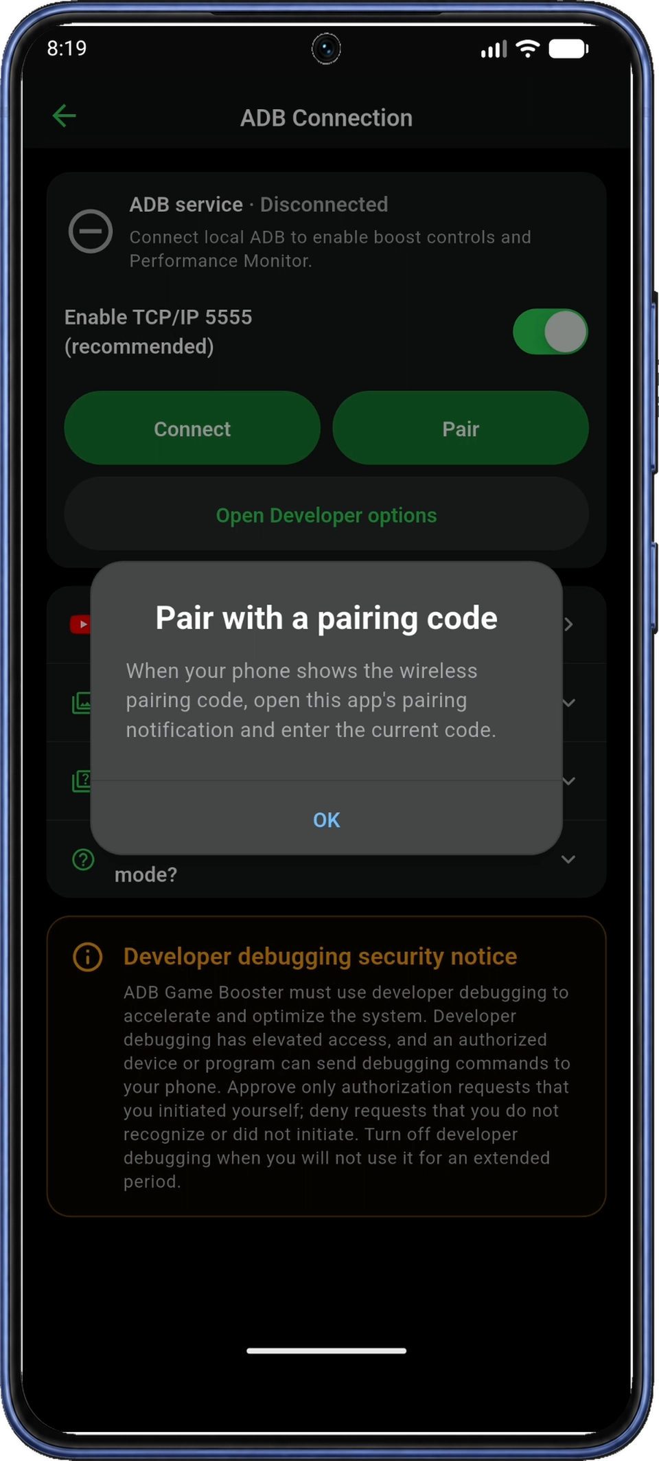 Pair with a pairing code 안내와 OK 버튼이 있는 ADB Connection