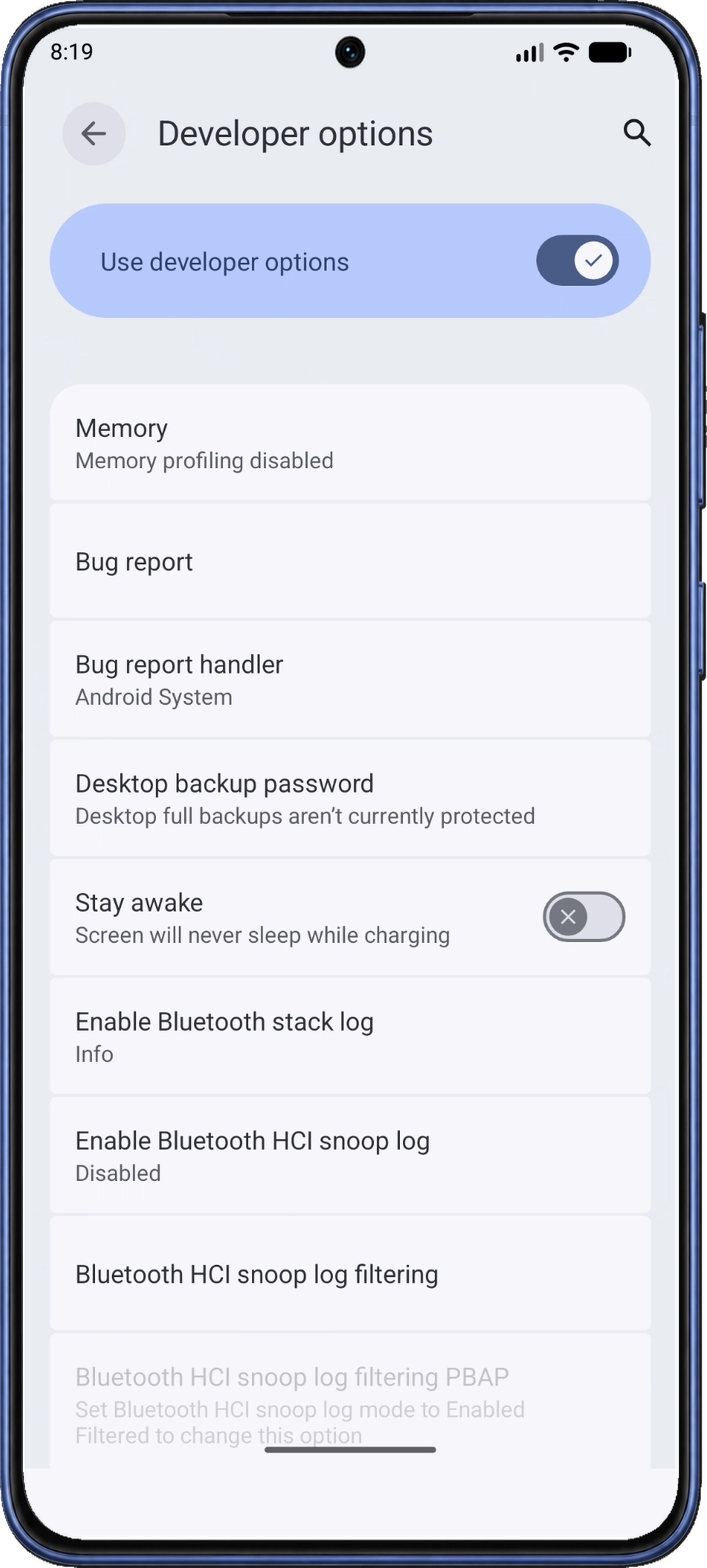상단의 Use developer options가 켜져 있는 Android 개발자 옵션