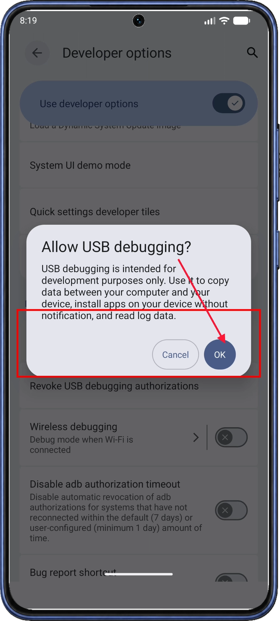 OK가 강조된 Allow USB debugging 확인 대화상자
