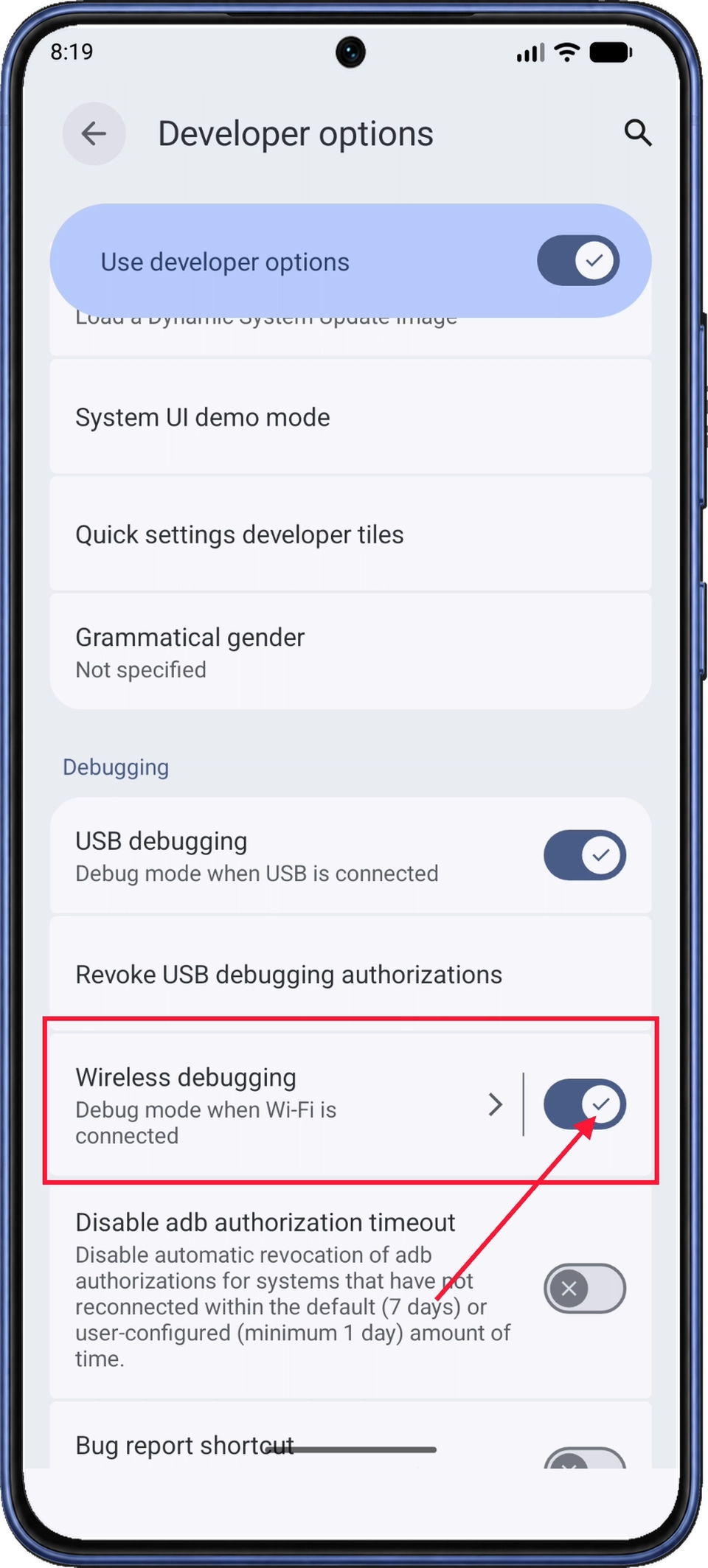 USB debugging과 Wireless debugging 스위치가 켜진 개발자 옵션