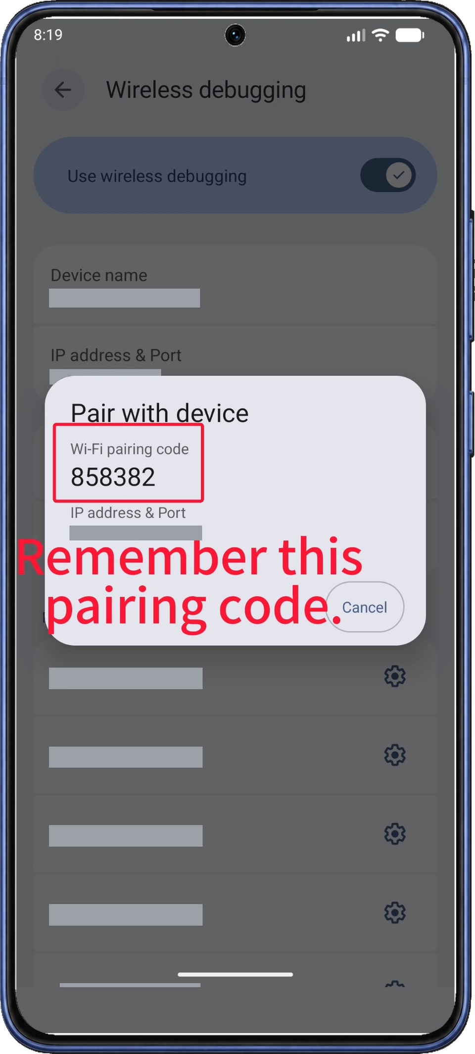 6자리 Wi-Fi pairing code가 표시된 Android의 Pair with device 대화상자