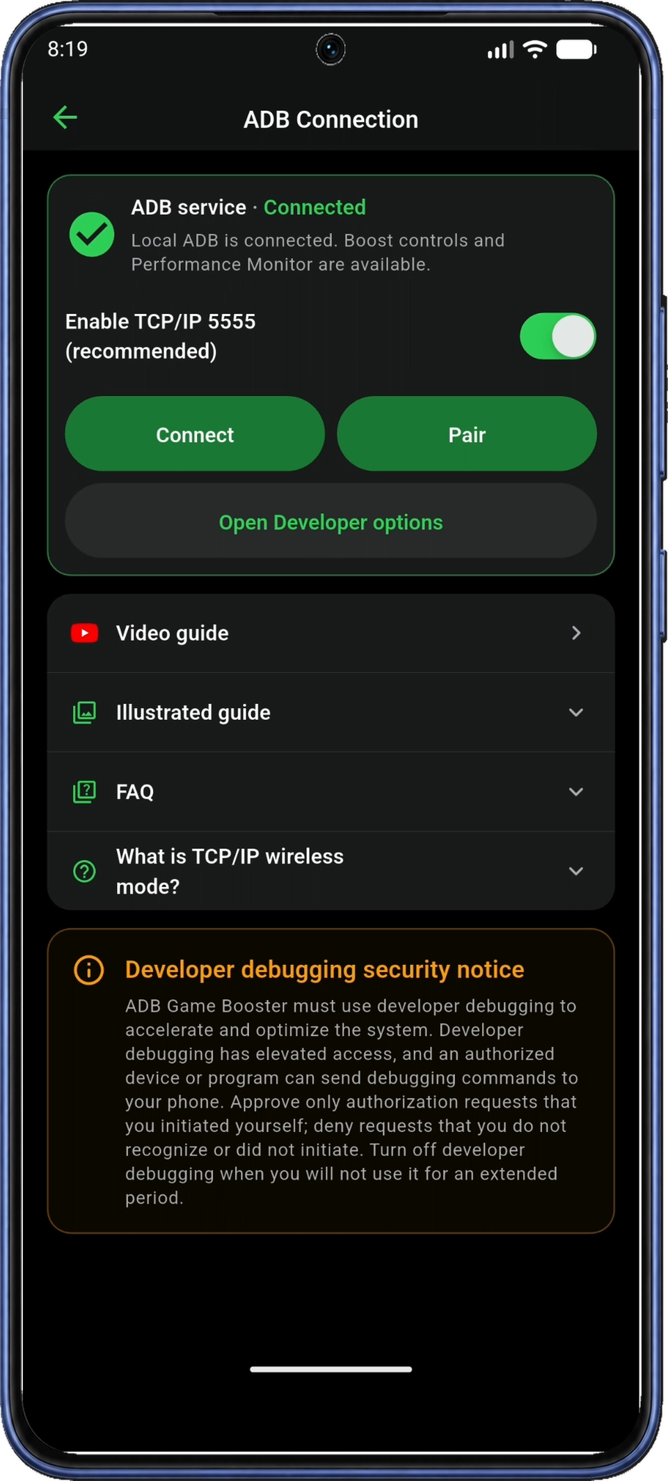 녹색 체크와 ADB service Connected가 표시된 ADB Connection