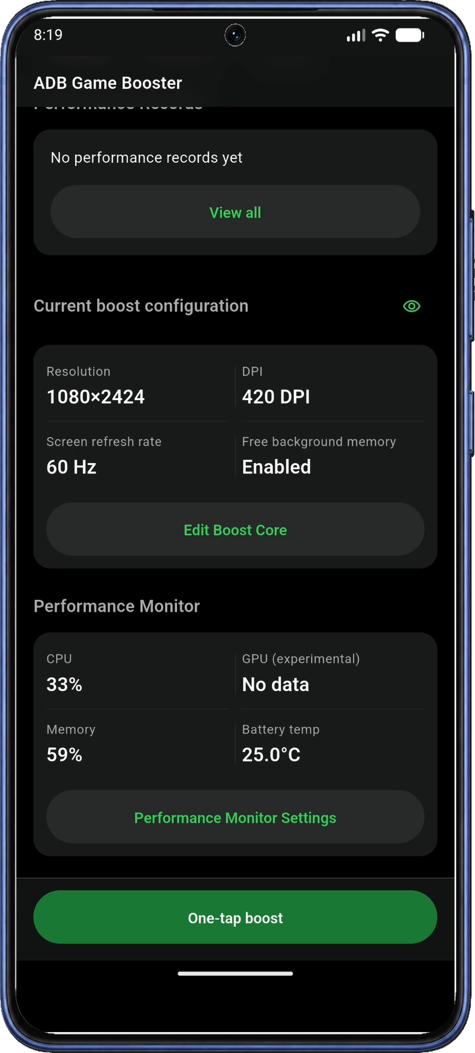 Current boost configuration 아래 Edit Boost Core, 그 아래 Performance Monitor Settings가 있는 홈 화면