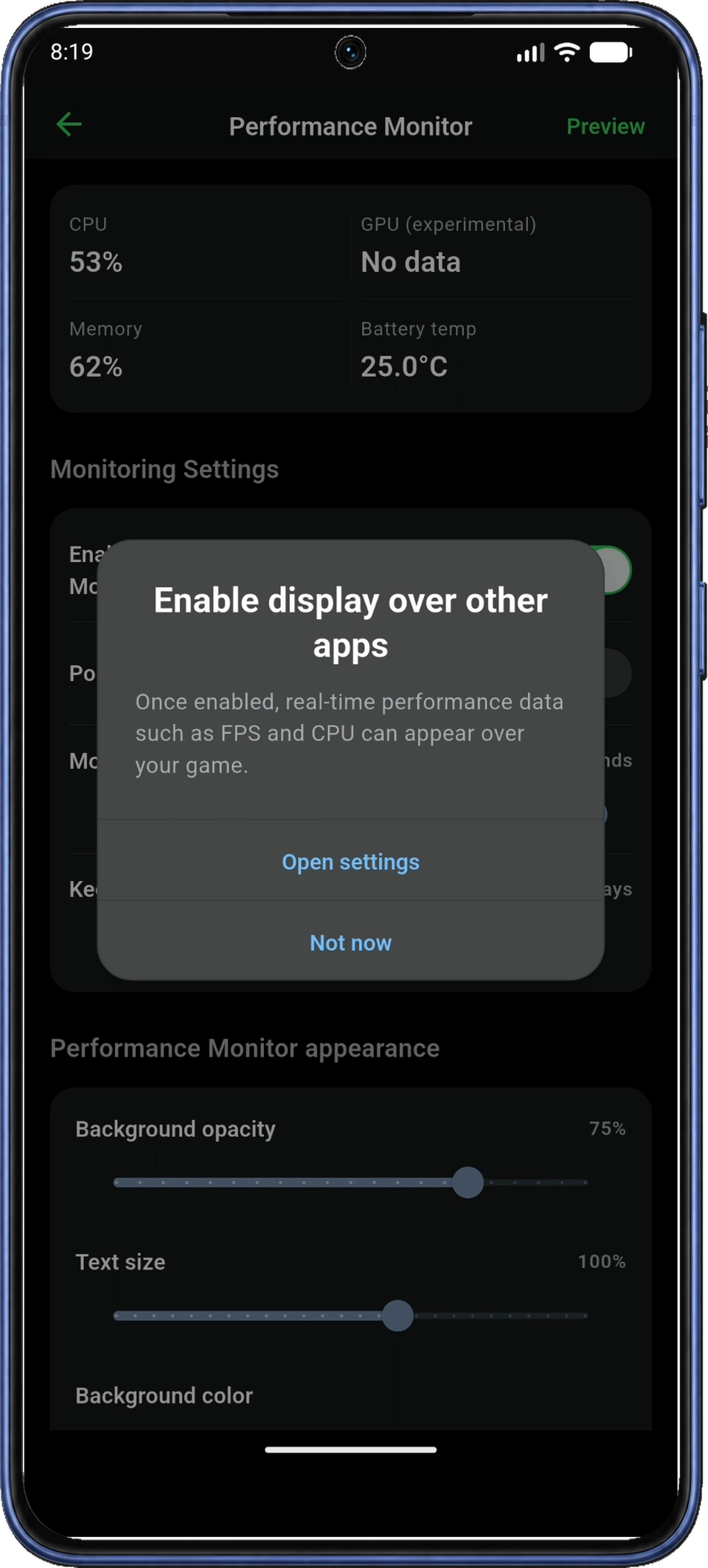 플로팅 표시 권한을 설명하며 Open settings를 제공하는 Enable display over other apps 안내
