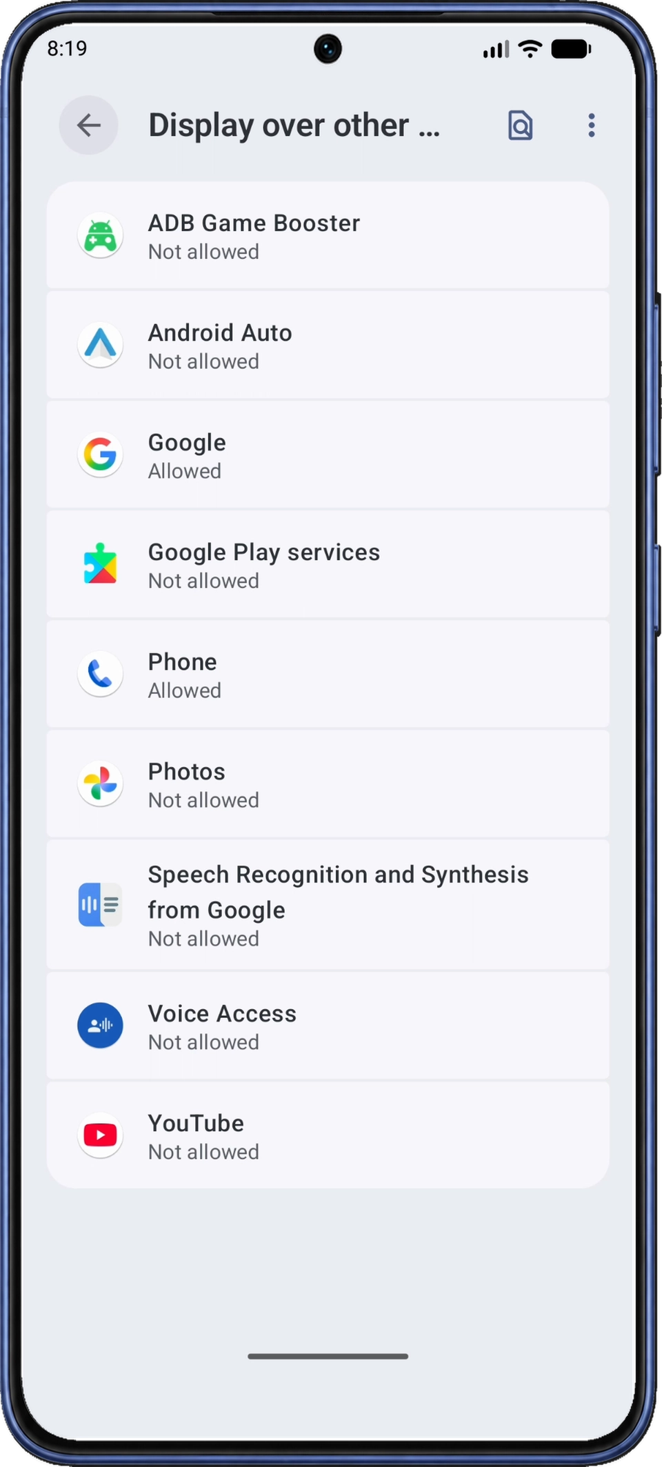 ADB Game Booster가 Not allowed로 표시된 Android의 Display over other apps 목록