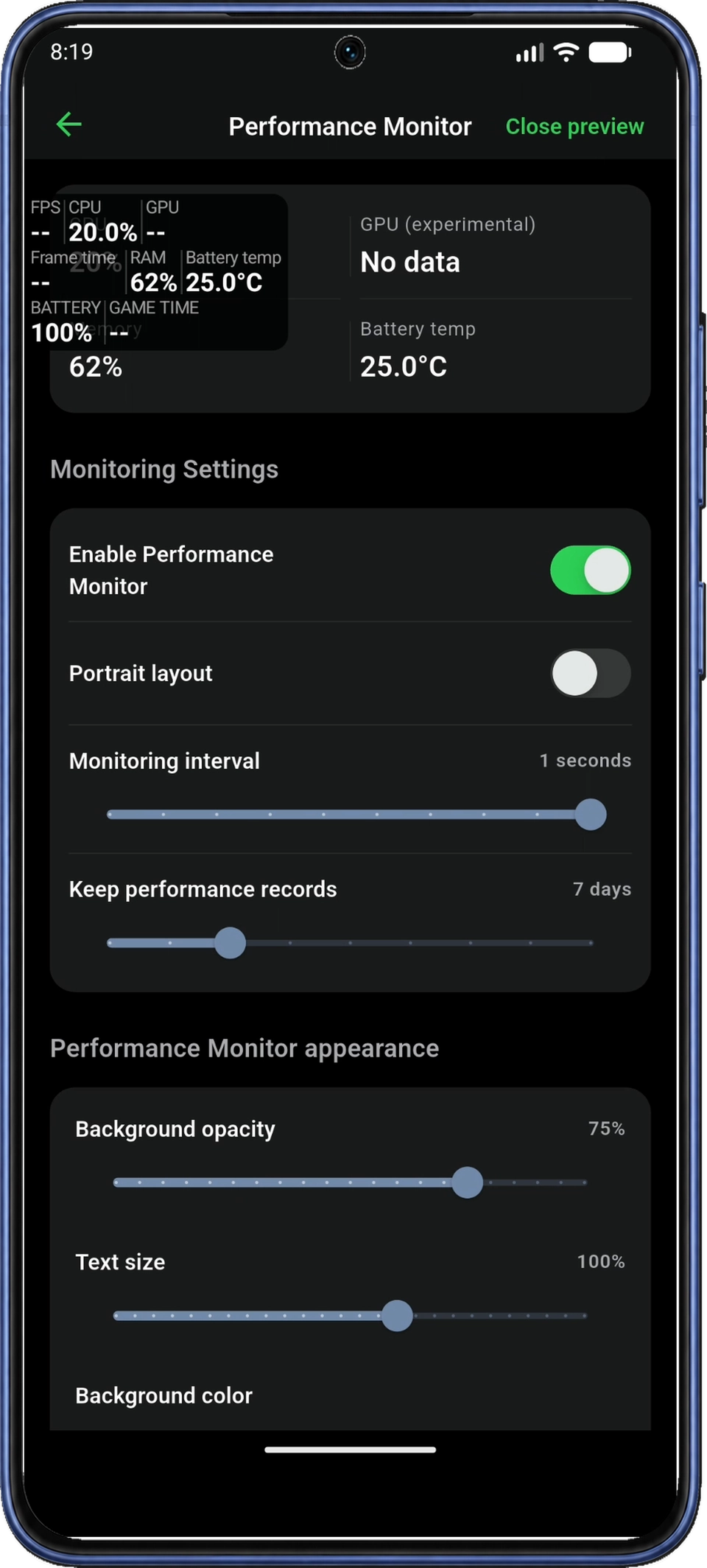 오른쪽 위 Close preview와 설정 화면 위에 떠 있는 Performance Monitor 미리 보기