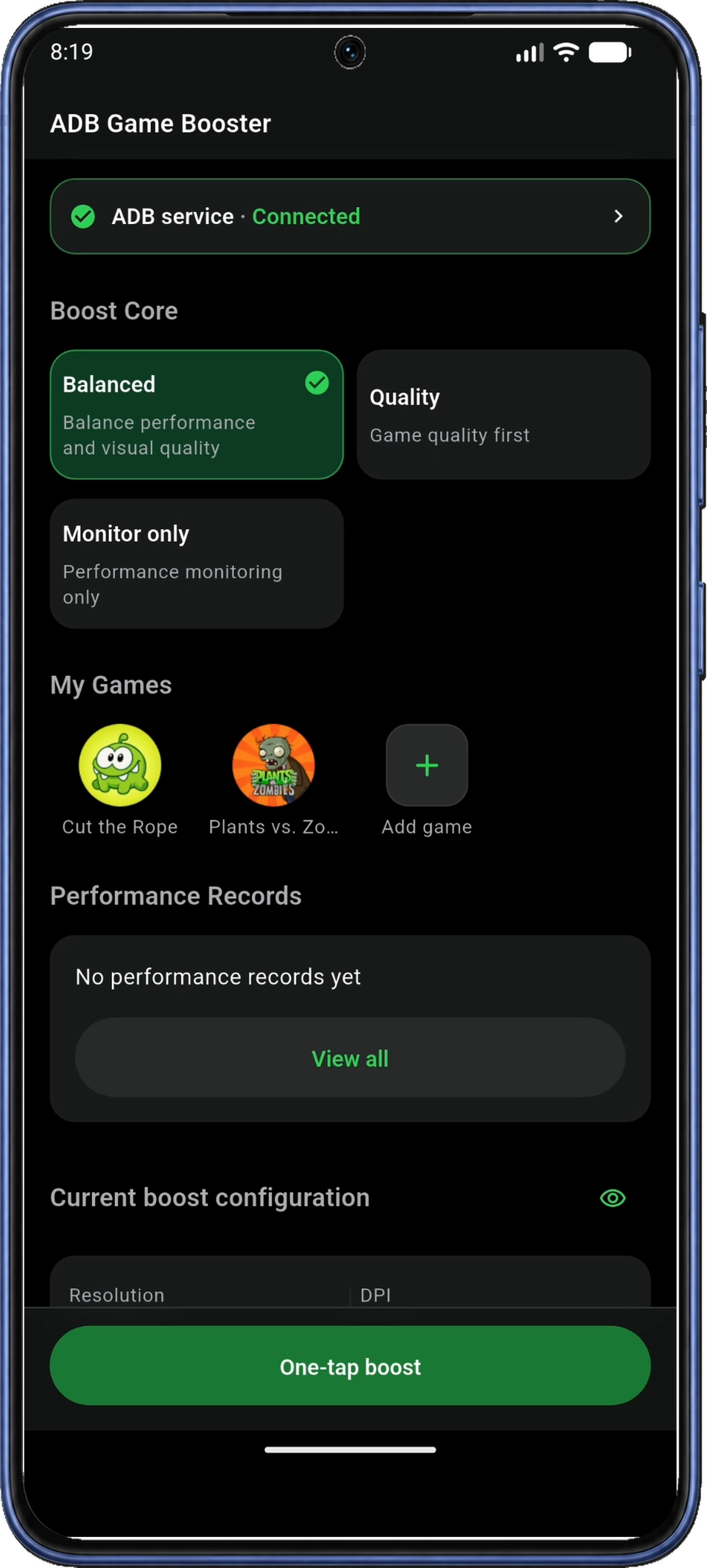 Connected, 선택된 Balanced, My Games의 게임 두 개와 하단 One-tap boost가 있는 홈 화면