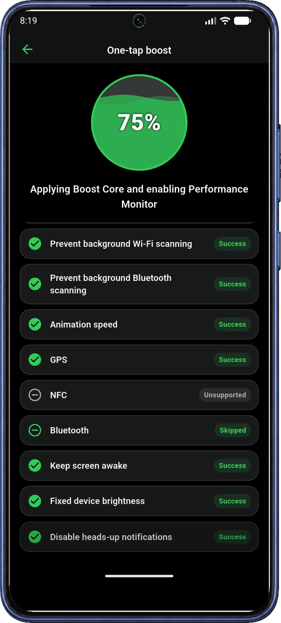 여러 작업 이름과 상태가 표시된 75% 진행 중의 One-tap boost