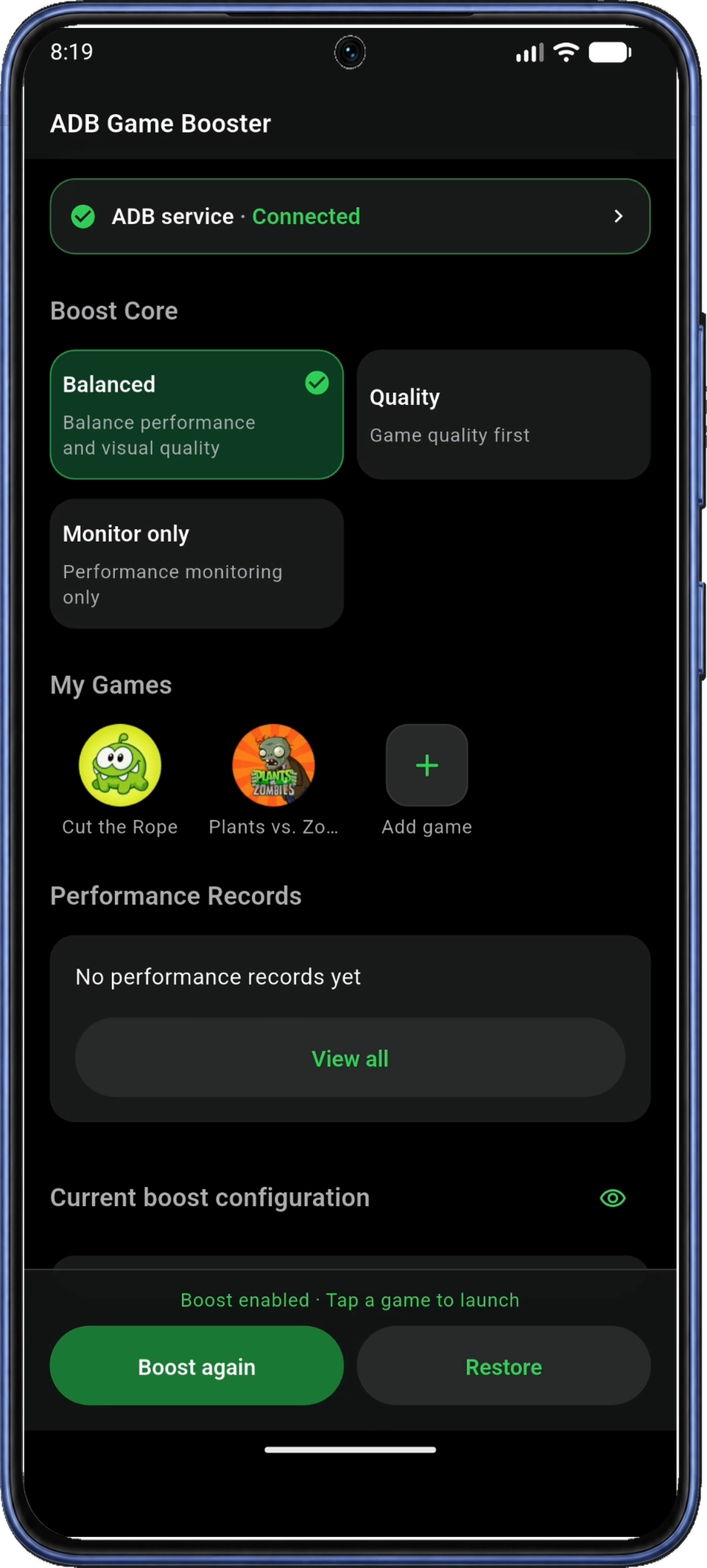 선택한 게임 아이콘, Boost enabled Tap a game to launch, Boost again, Restore가 표시된 홈 화면