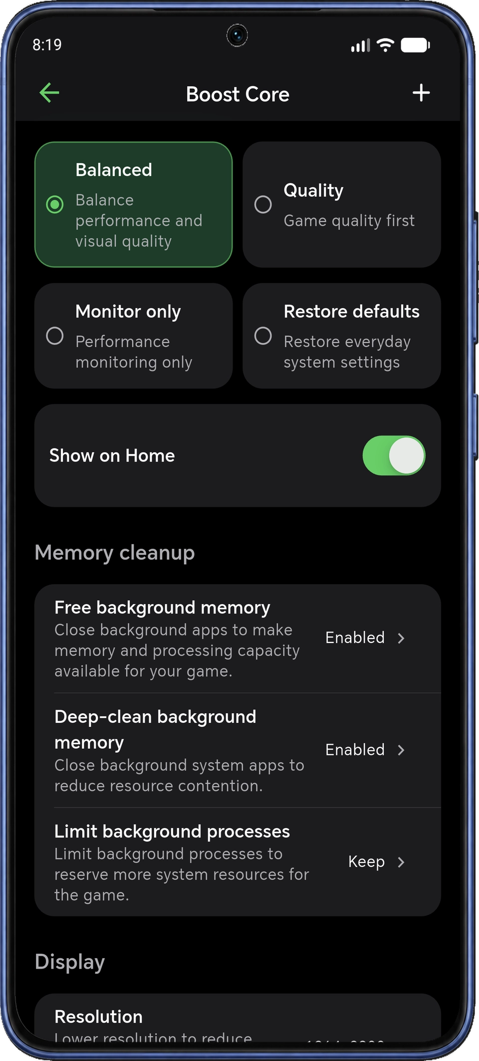 Ajustes de Boost Core con Balanced, Quality, Monitor only, Restore defaults y controles de memoria en segundo plano