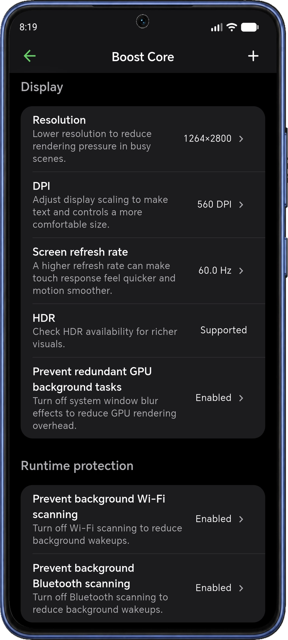 Ajustes de pantalla y ejecución de Boost Core con resolución, DPI y frecuencia de actualización